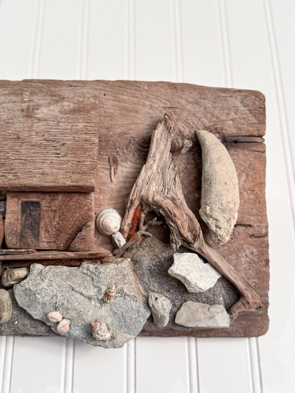 Handmade Coastal Folk Art Wall Sculpture | Driftwood & Seashell Village