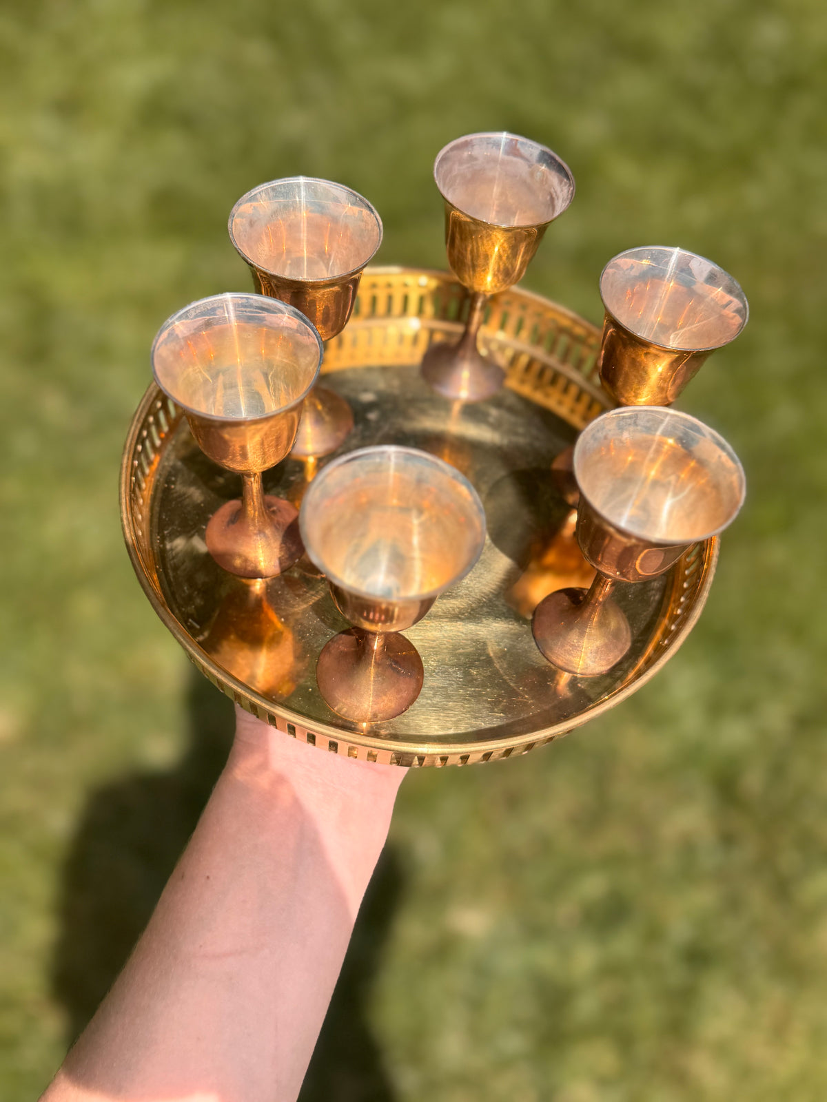 Vintage Brass Cordial Set with Serving Tray | 7-Piece Barware Collection