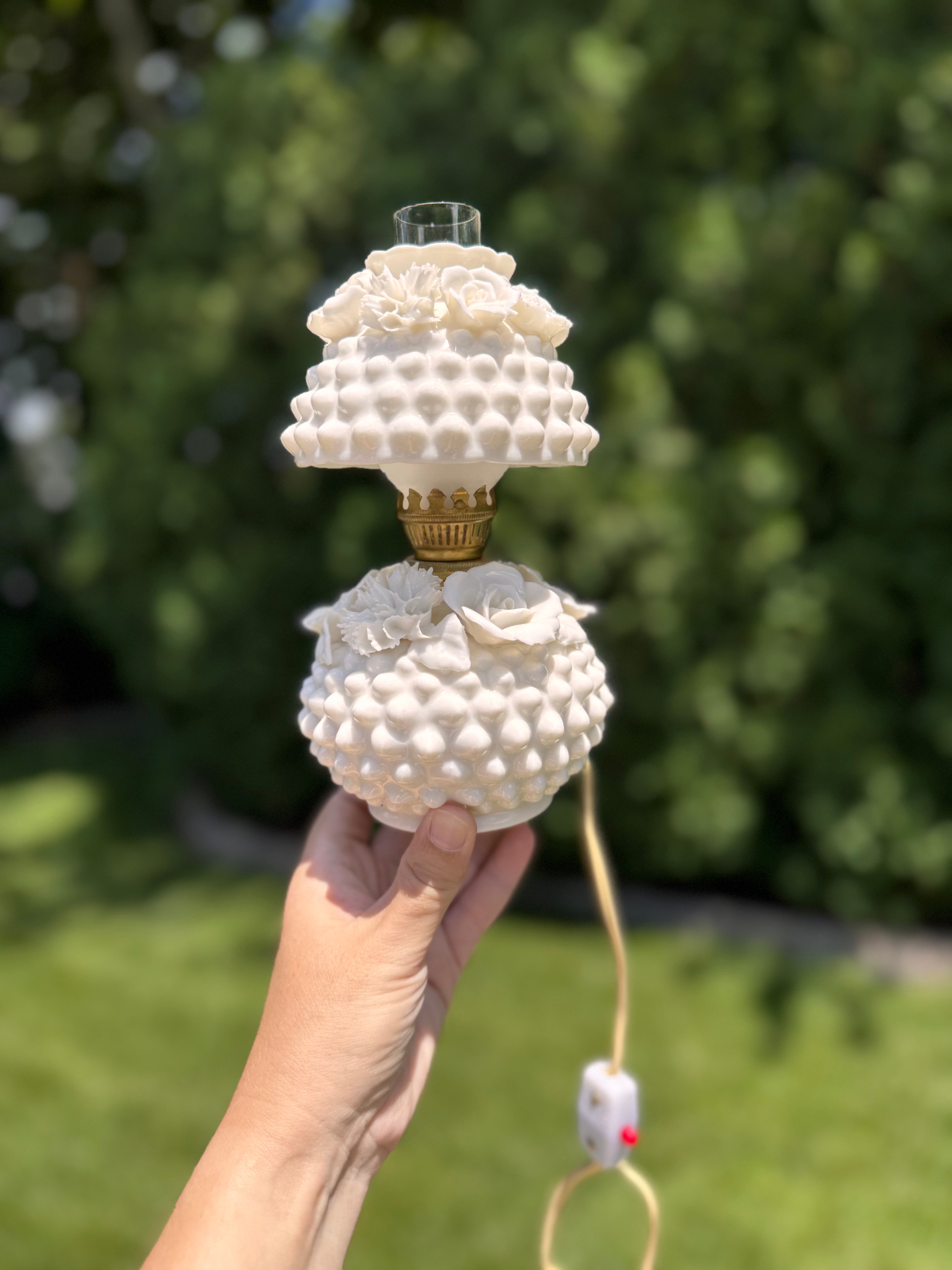 Vintage Fenton White Milk Glass Hobnail Boudoir Hurricane Lamp “Bantam”