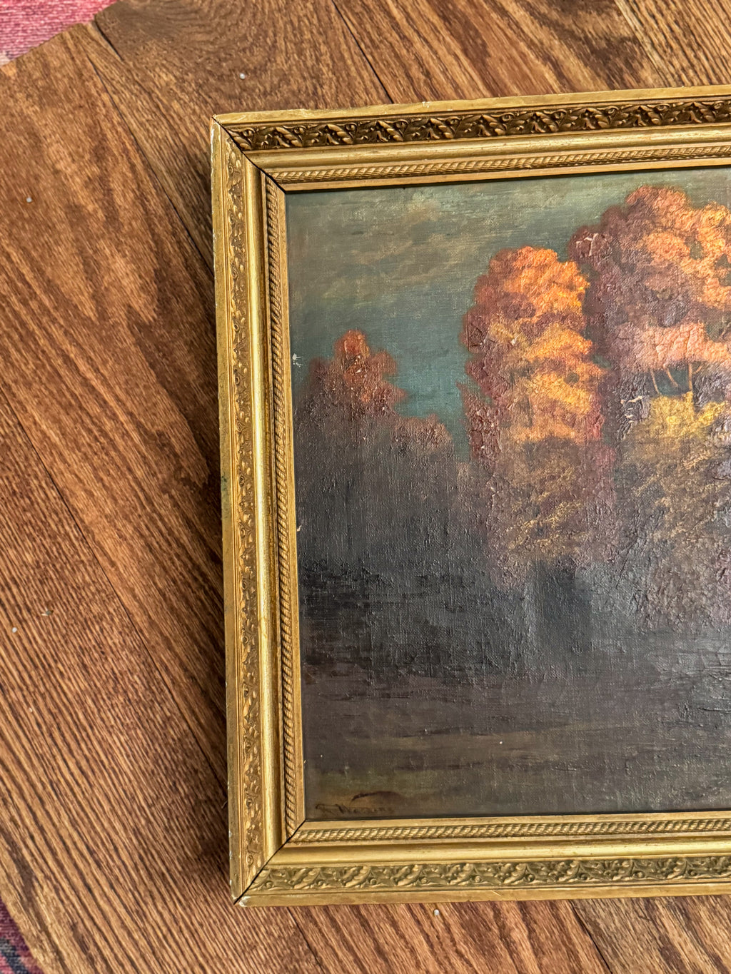 Signed Antique Tonalist Autumn River Landscape Oil Painting by R. Watkins | Original Gilt Frame