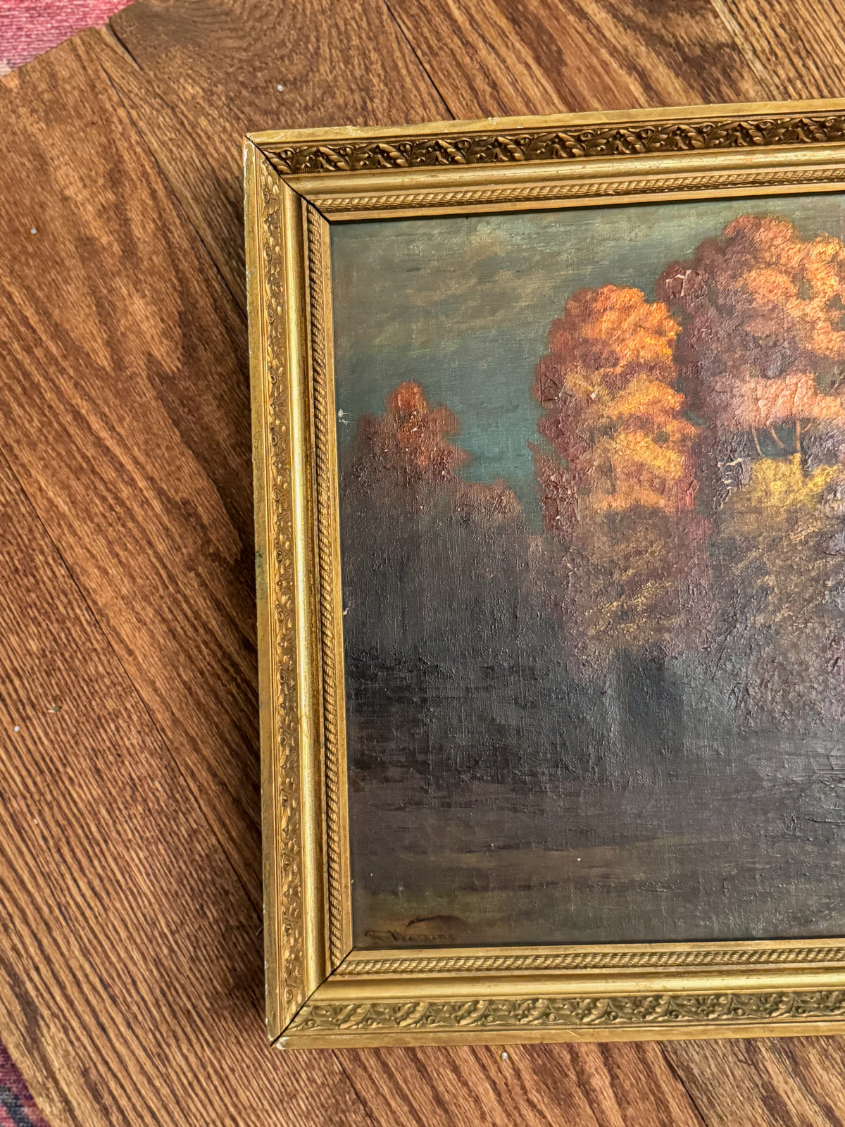 Signed Antique Tonalist Autumn River Landscape Oil Painting by R. Watkins | Original Gilt Frame