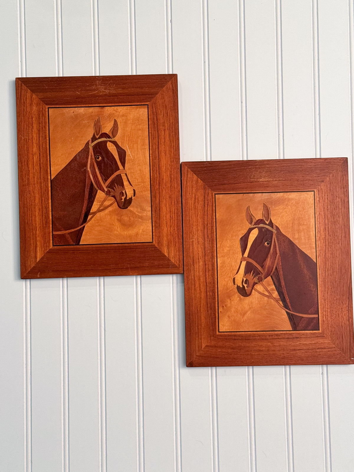 Vintage William Bader Horse Marquetry Pair | Asheville NC Equestrian Wood Inlay Art