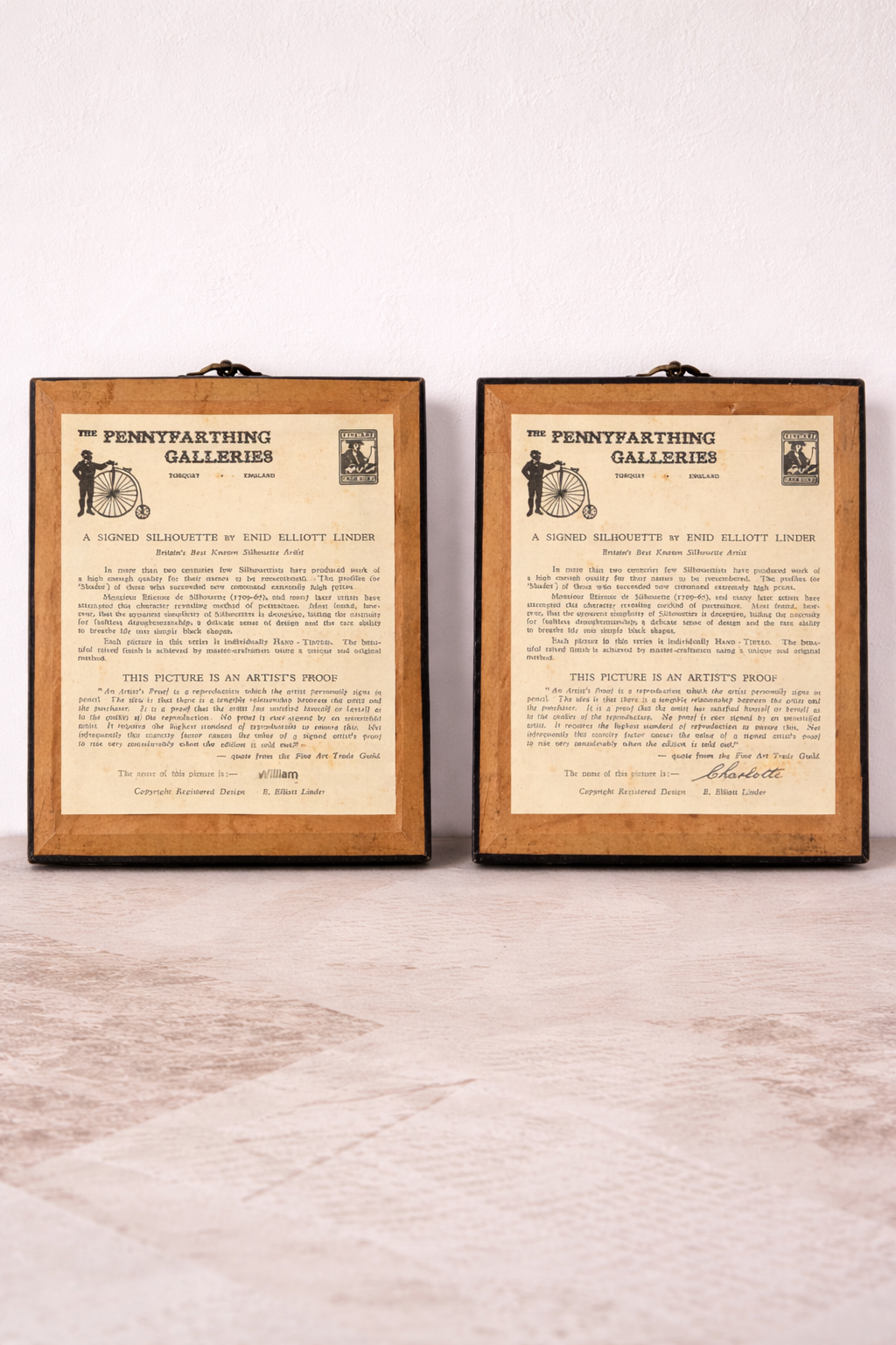 Pair Signed Enid Elliott Linder Silhouette Portraits Pennyfarthing Galleries