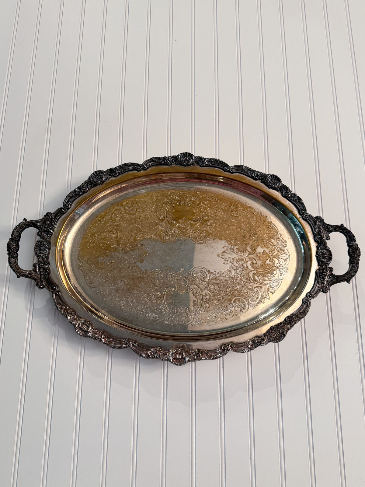 Large Ornate Silverplate Footed Serving Tray & Riser | Victorian-Edwardian Style