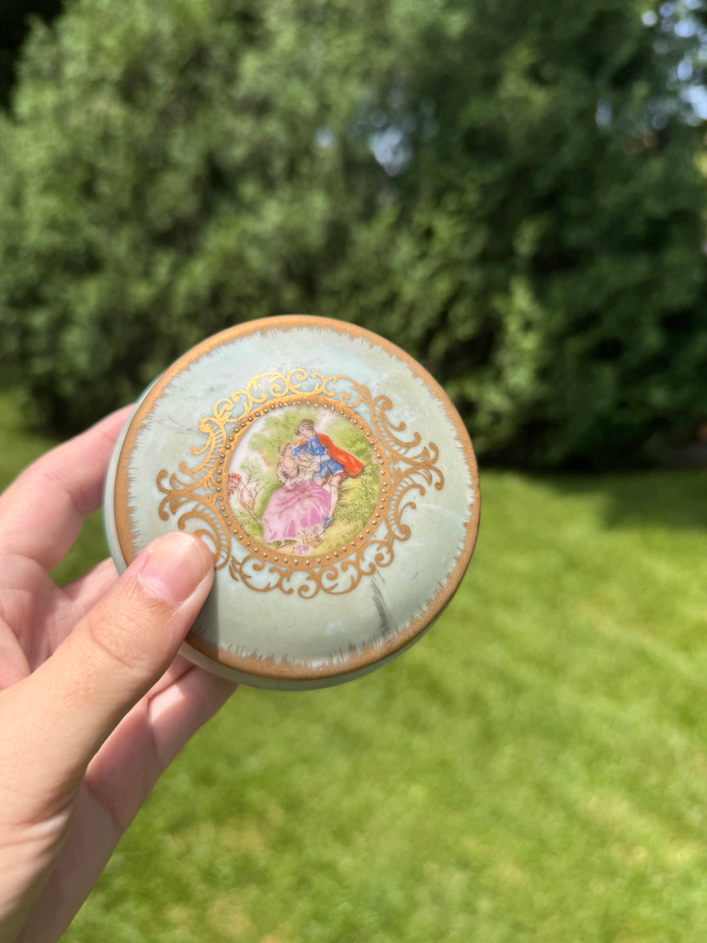Vintage Lefton Footed Porcelain Trinket Box | Victorian Courting Couple | Made in Japan