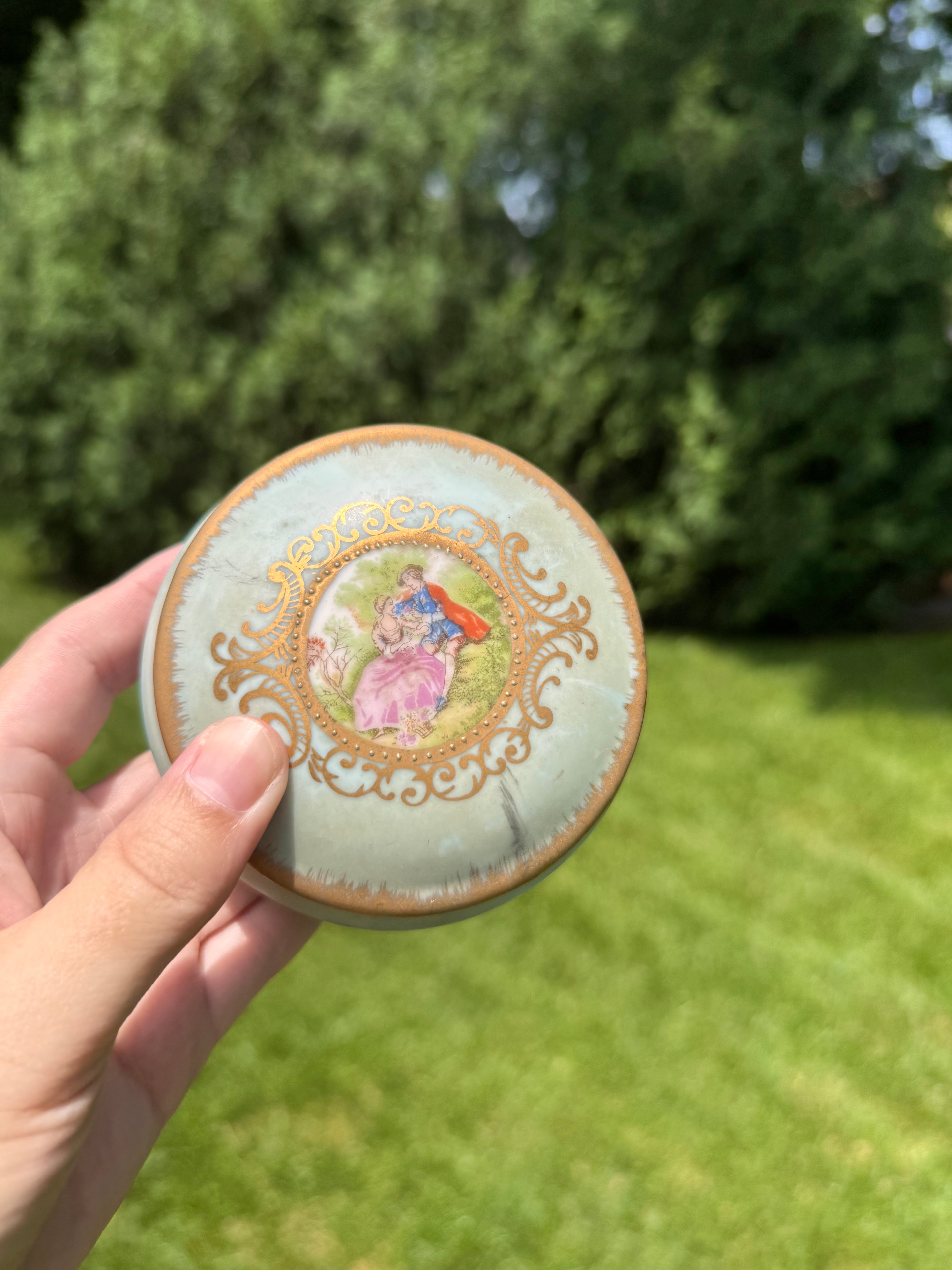 Vintage Lefton Footed Porcelain Trinket Box | Victorian Courting Couple | Made in Japan