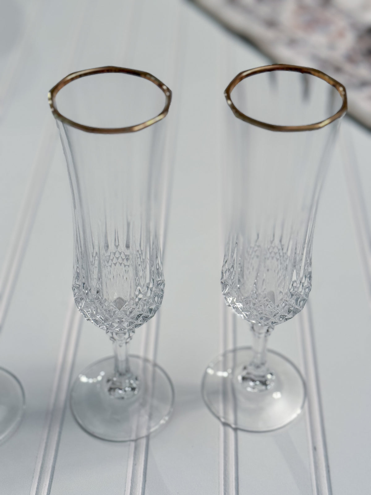 Vintage Gold-Rimmed Crystal Champagne Flutes, Set of 4 | Cut Crystal Stemware