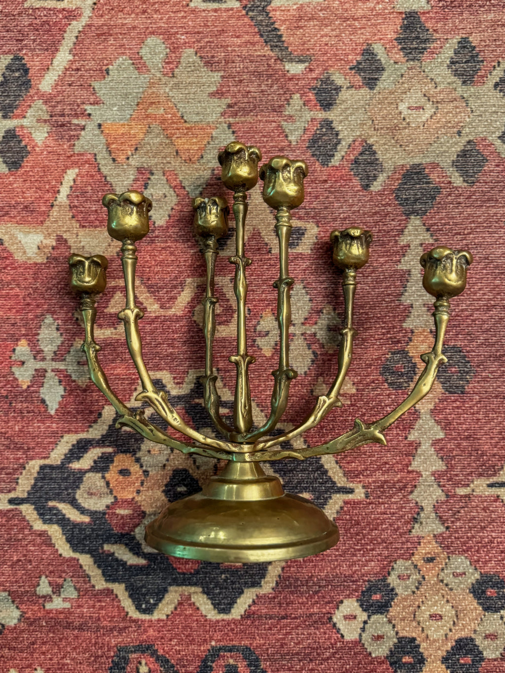Vintage Solid Brass 7-Branch Tulip Menorah | Adjustable Swivel-Arm Design