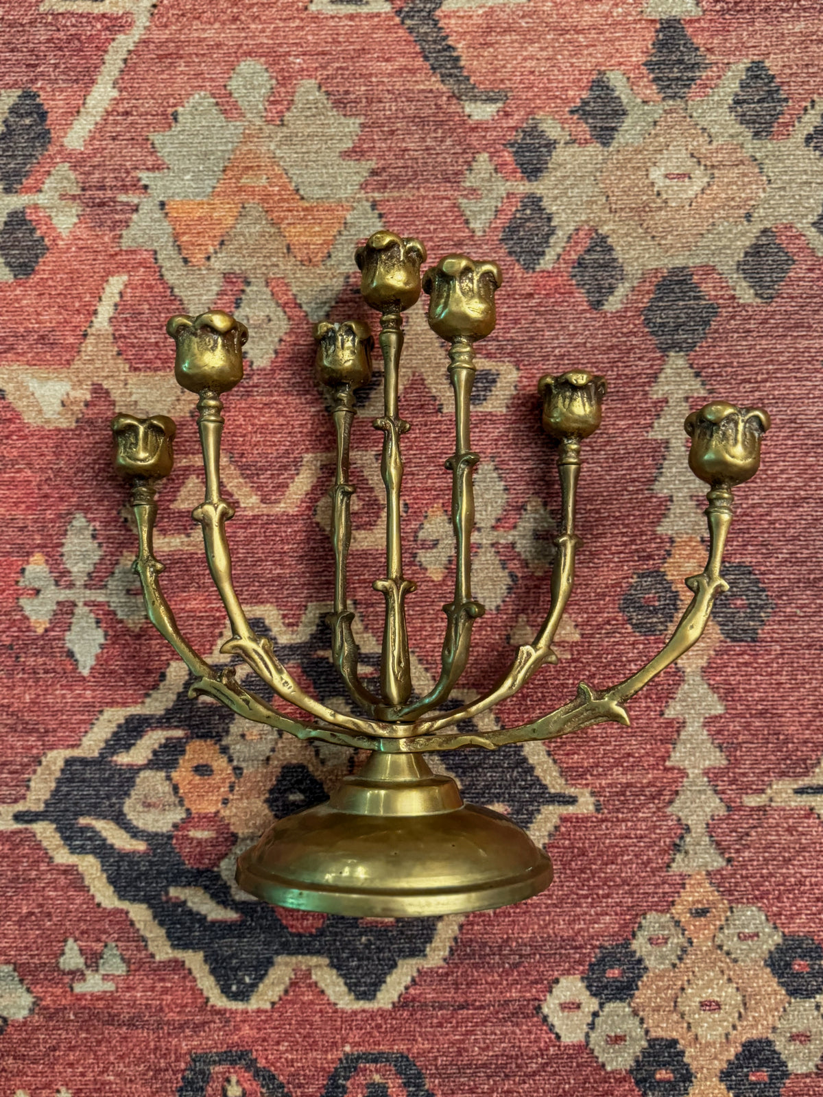 Vintage Solid Brass 7-Branch Tulip Menorah | Adjustable Swivel-Arm Design
