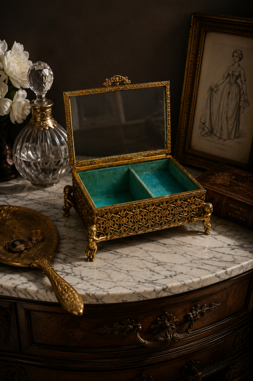 Vintage HiMark Japan Ormolu Cherub Music Box Jewelry Casket with Beveled Glass