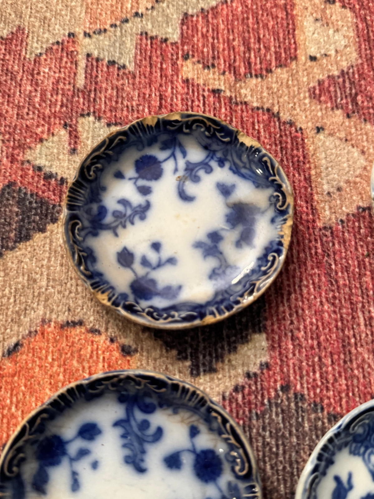 Antique Flow Blue Butter Pats with Silverplate Master Butter Knife | Set of Five