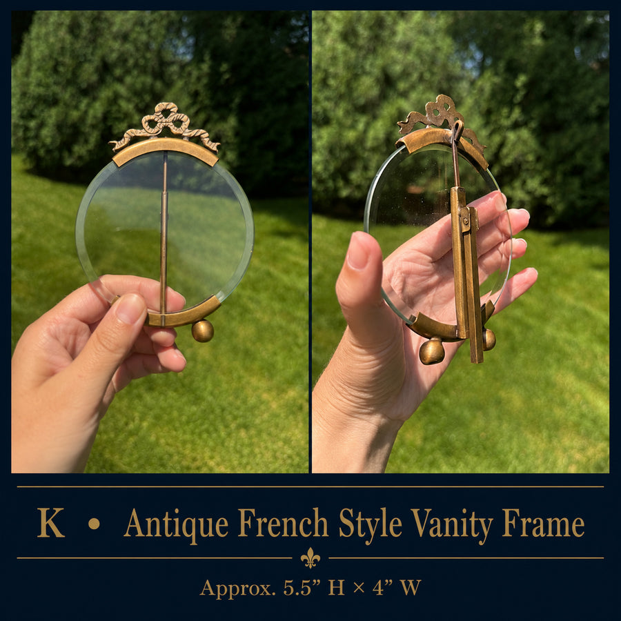 Antique French Style Bow Top Vanity Frame w/ Beveled Glass, Spring Back Bronze Footed Stand c. 1900–1930
