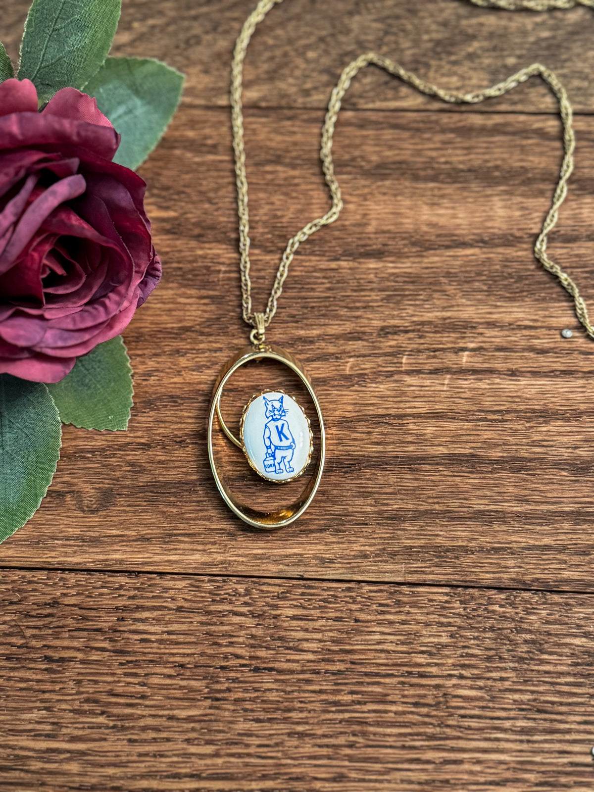 Vintage Kentucky Wildcats Mascot Gold-Tone Pendant Necklace | Handmade 1970s–1980s
