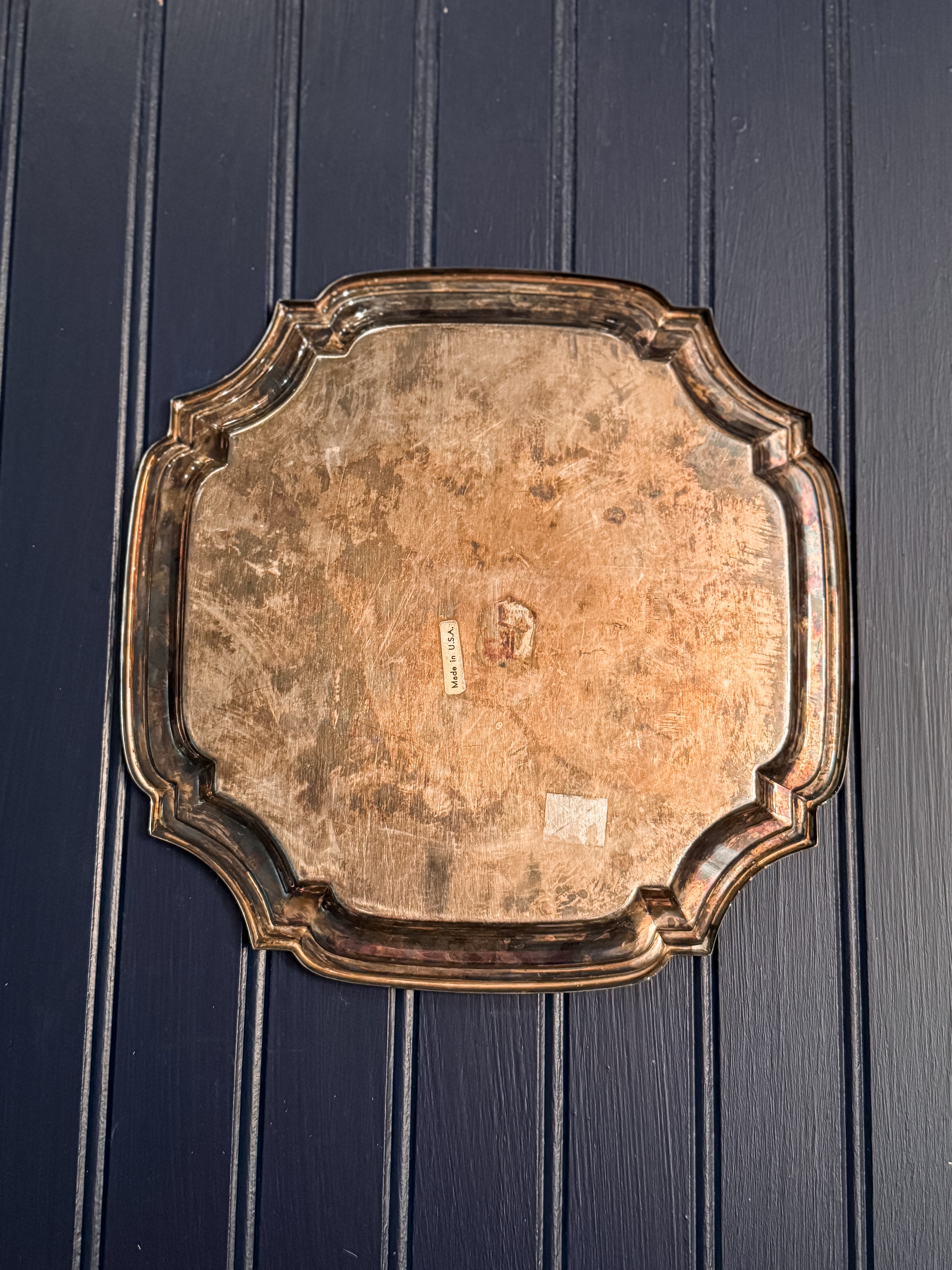 Vintage Silver-Plated Serving Tray | Ornate Etched Round Tray | Made in U.S.A.