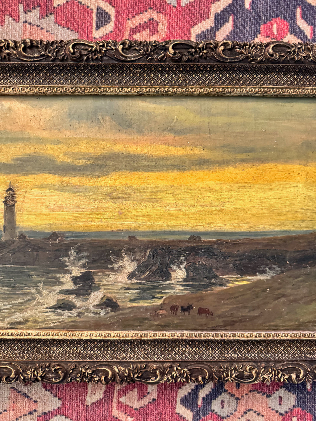 Antique Coastal Lighthouse Oil Painting with Grazing Cattle in Carved Gilt Wood Frame