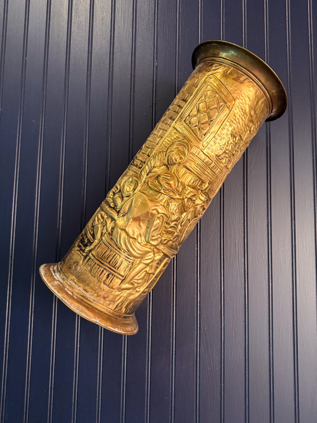 Vintage Brass Umbrella Stand | Embossed Tavern Scene | English Peerage Style | Hall Stand