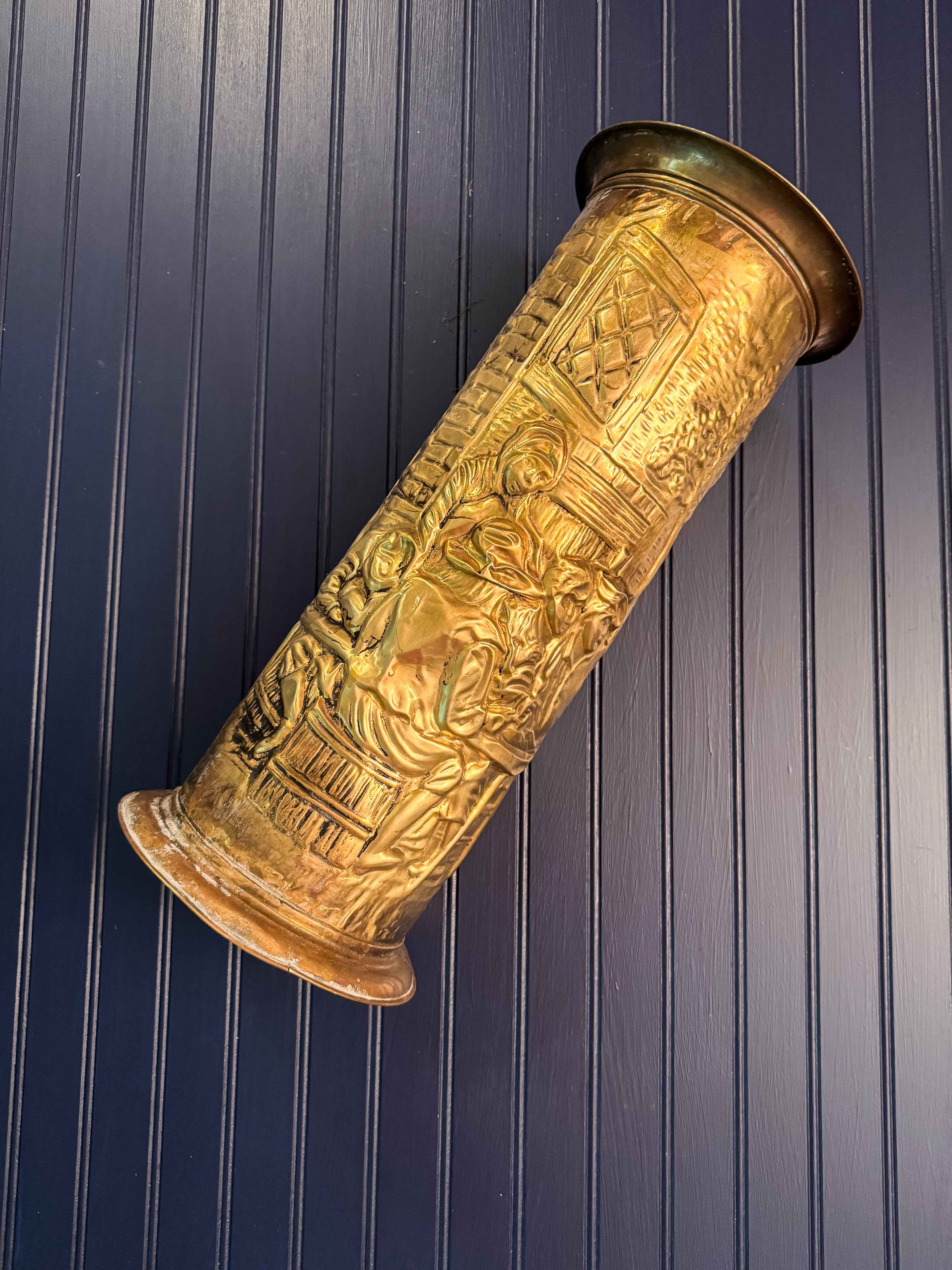Vintage Brass Umbrella Stand | Embossed Tavern Scene | English Peerage Style | Hall Stand