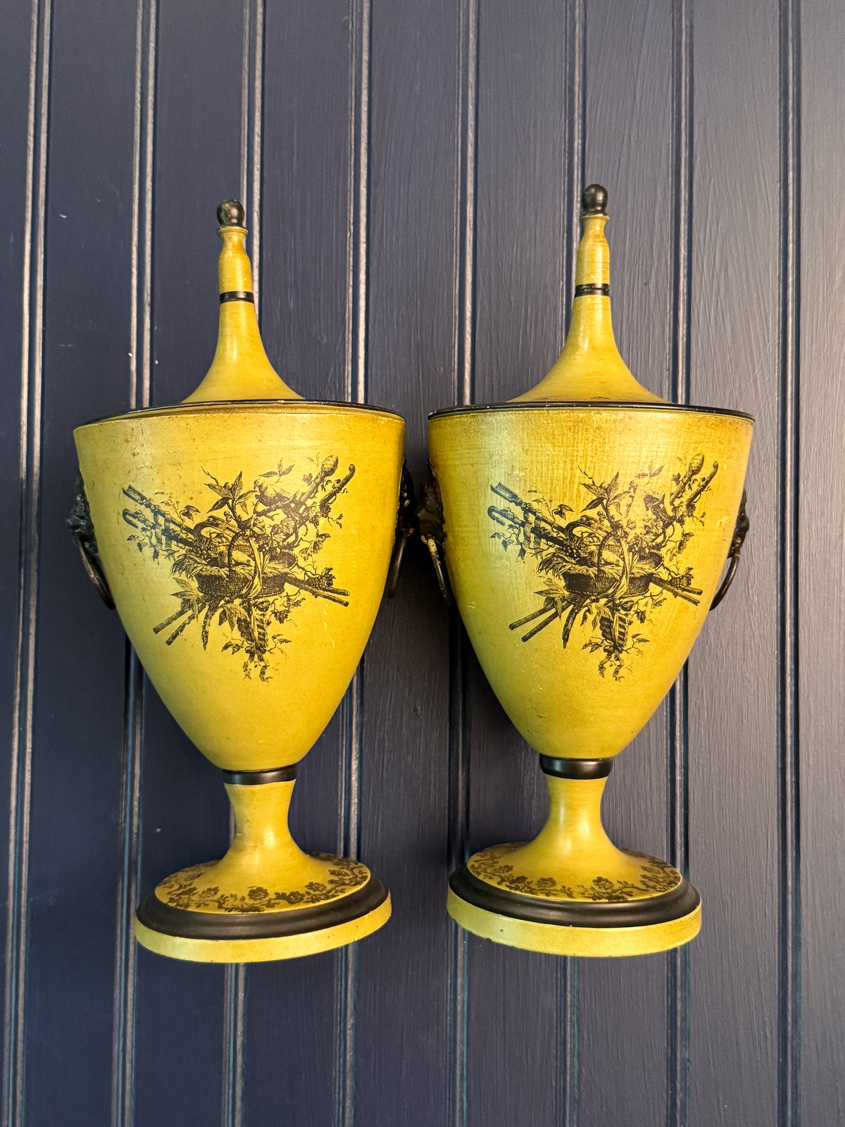 Pair of Vintage Italian Toleware Lidded Urns | Neoclassical Lion Handle Pedestal Urns