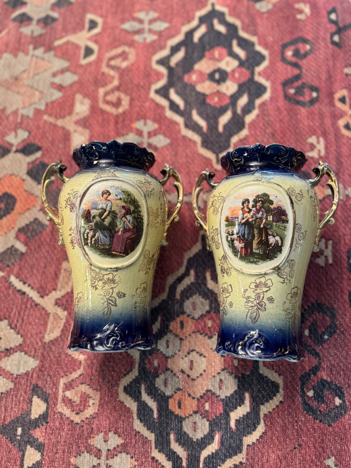 Antique English Cobalt & Gilt Double-Handled Pastoral Vases | Matching Pair