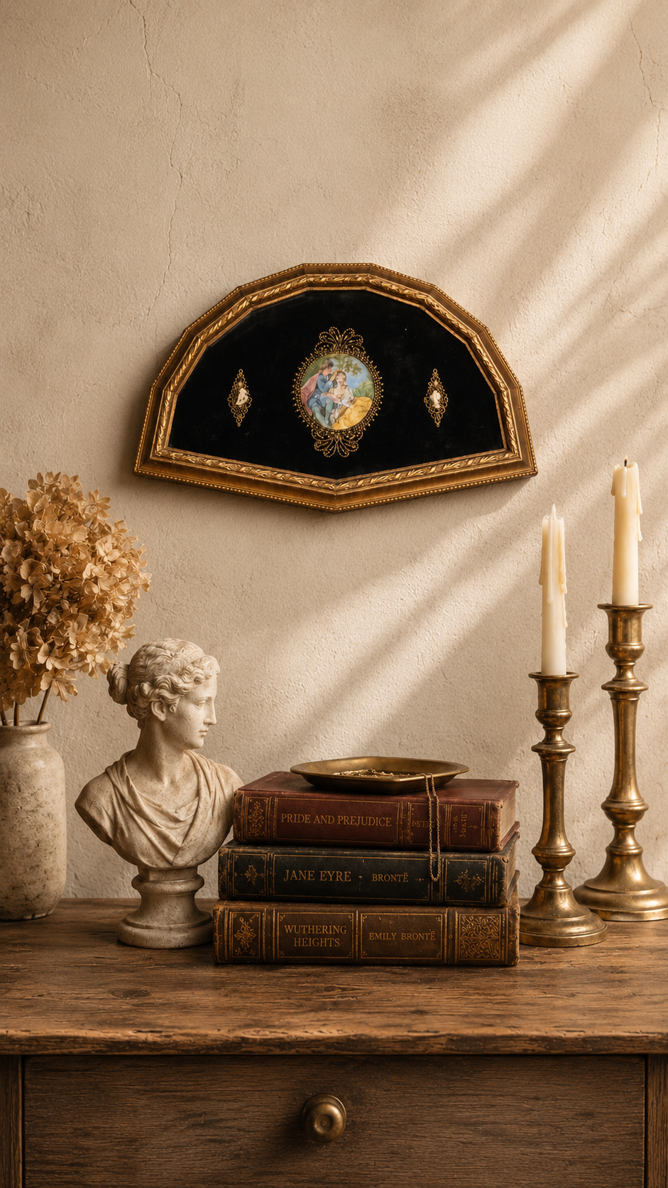 Vintage Sungott Art Studios Gilded Velvet Shadow Box Wall Plaque | Fan-Shaped Romantic Portrait Wall Decor
