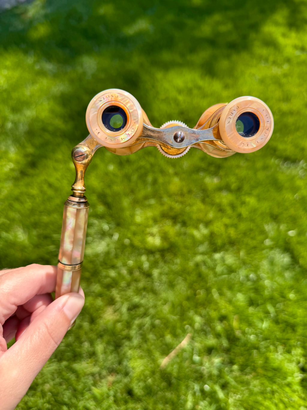 Antique French Mother-of-Pearl Opera Glasses with Folding Handle