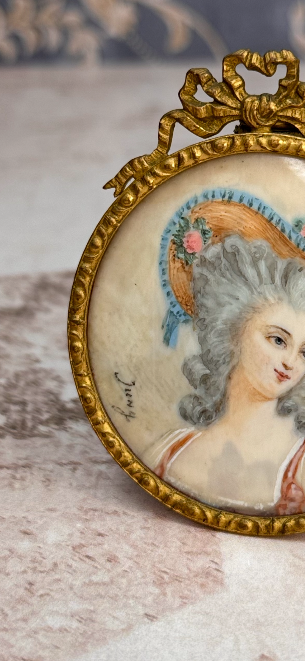 French Hand-Painted Portrait Miniature, Signed Juny, “Mlle Dugazon” Inscribed, Gilt Bronze Frame