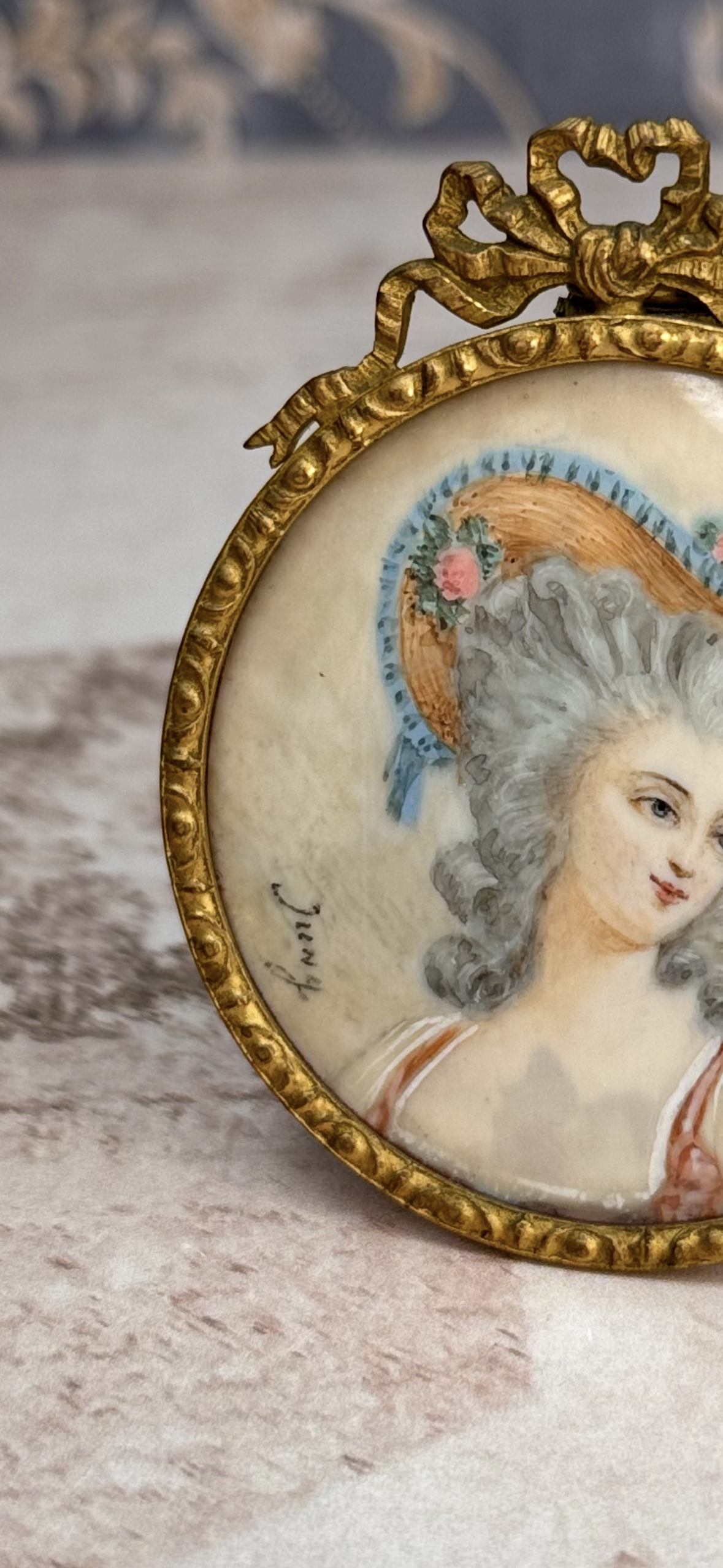 French Hand-Painted Portrait Miniature, Signed Juny, “Mlle Dugazon” Inscribed, Gilt Bronze Frame