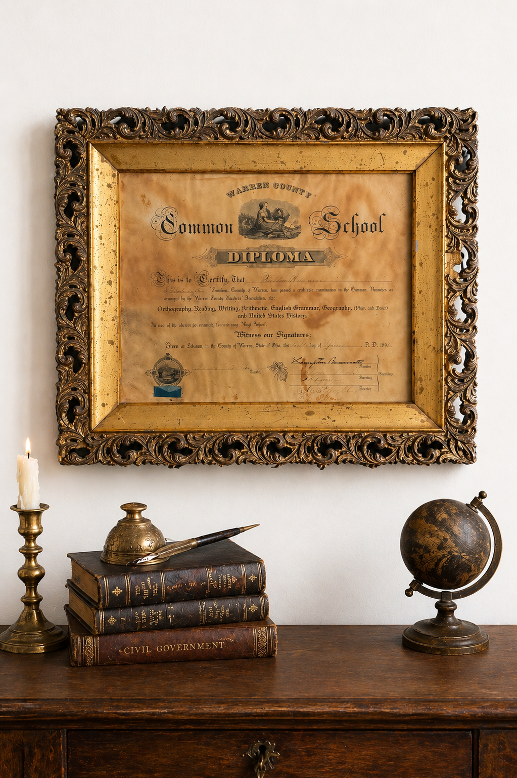 Antique 1890s Warren County Ohio Diploma in Hand-Carved Gold Ornate Frame