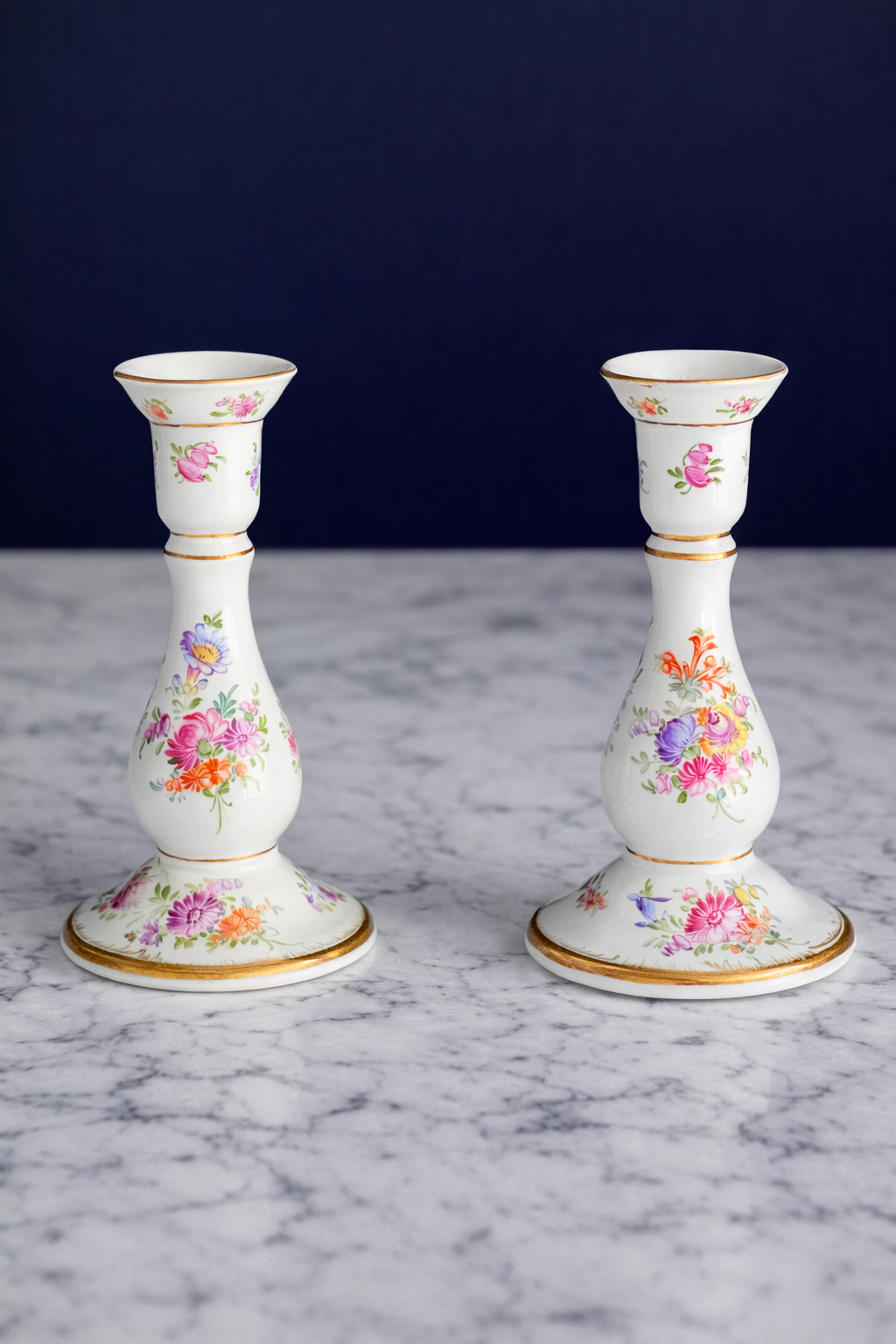 Antique Dresden Porcelain Candlesticks, Crown D Mark Hand-Painted Floral Pair