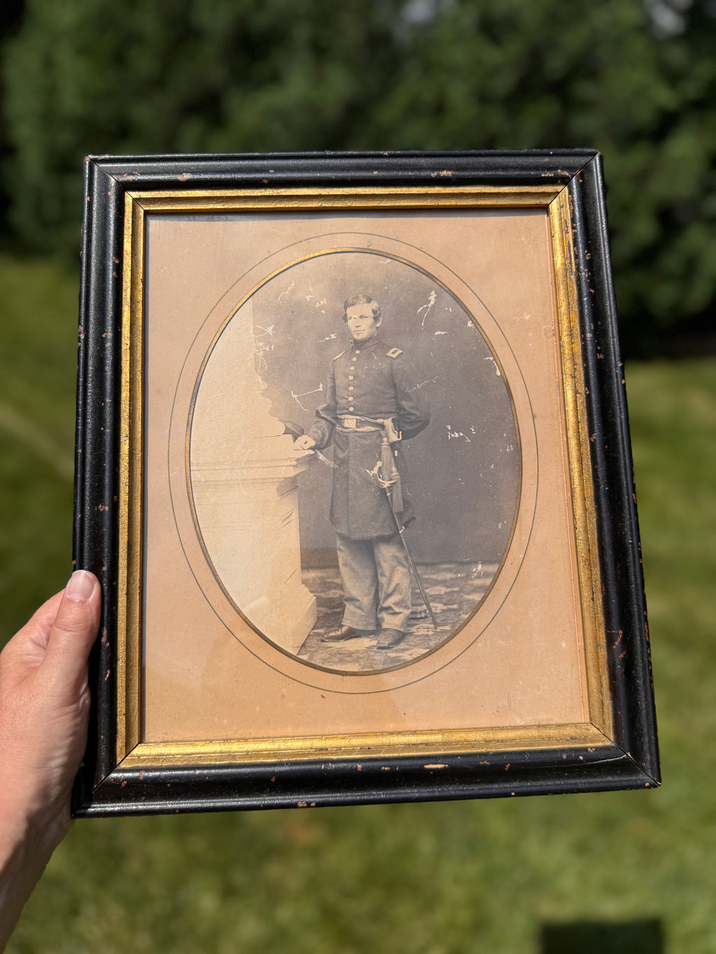 Antique Civil War Soldier Portrait in Black & Gilt Wooden Frame