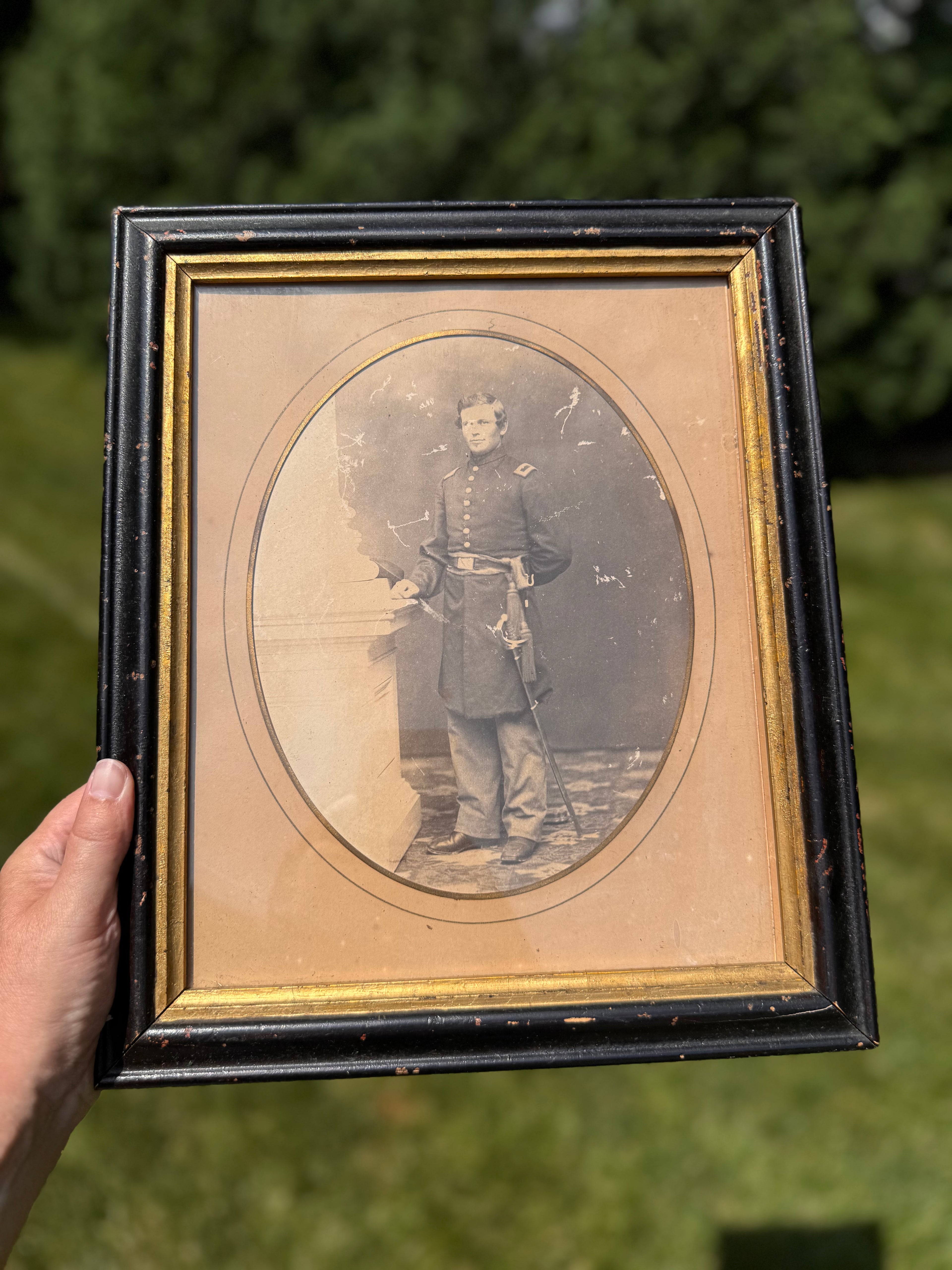 Antique Civil War Soldier Portrait in Black & Gilt Wooden Frame