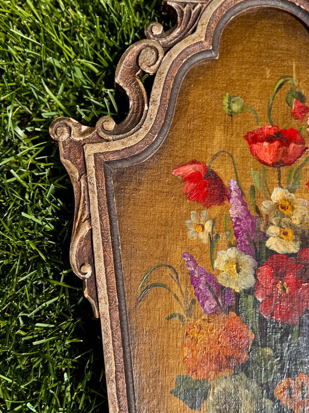 Antique Signed Floral Still Life Oil on Board, Ornate Frame – 28” x 16”