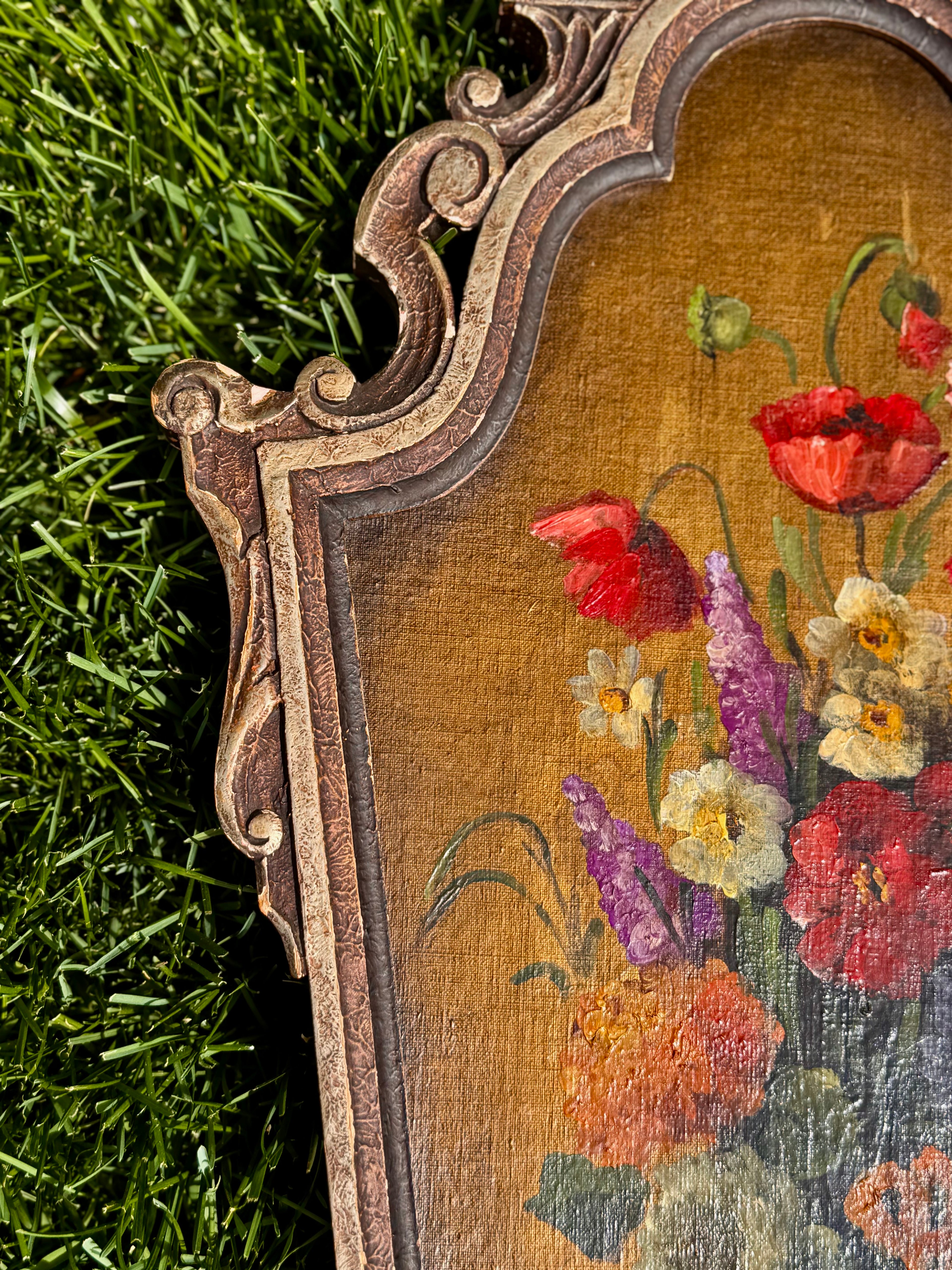 Antique Signed Floral Still Life Oil on Board, Ornate Frame – 28” x 16”