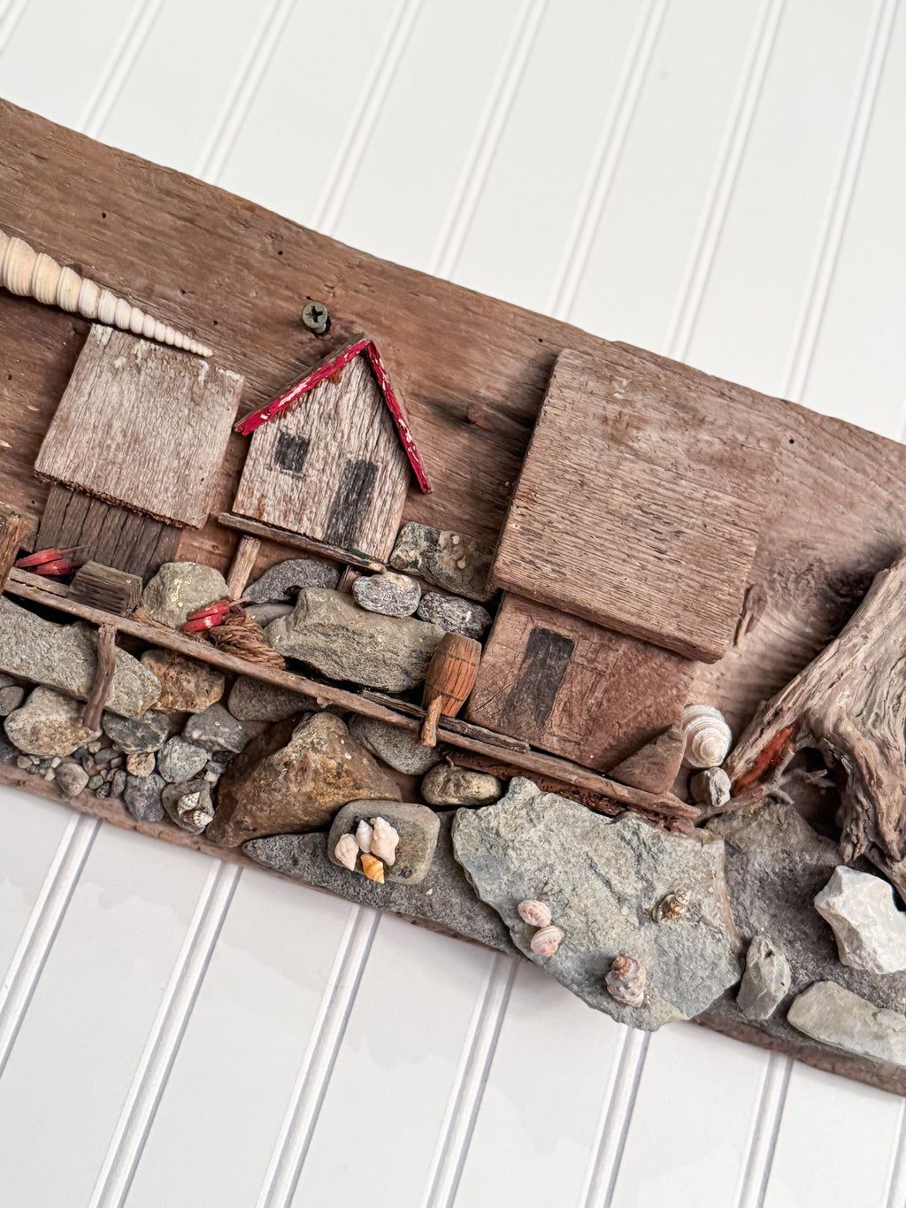 Handmade Coastal Folk Art Wall Sculpture | Driftwood & Seashell Village
