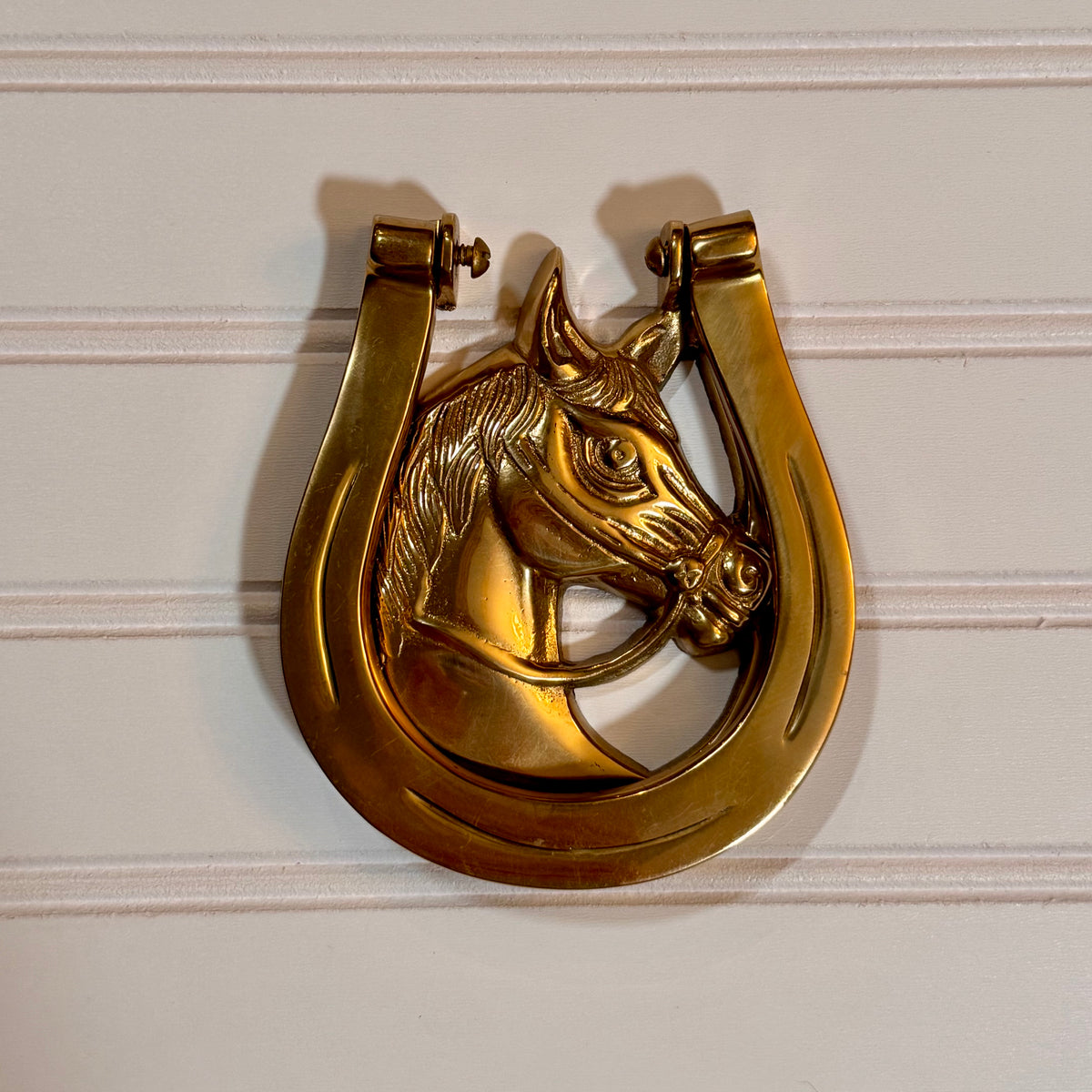 Vintage Solid Brass Horseshoe Door Knocker with Horse Head | Equestrian Door Accent