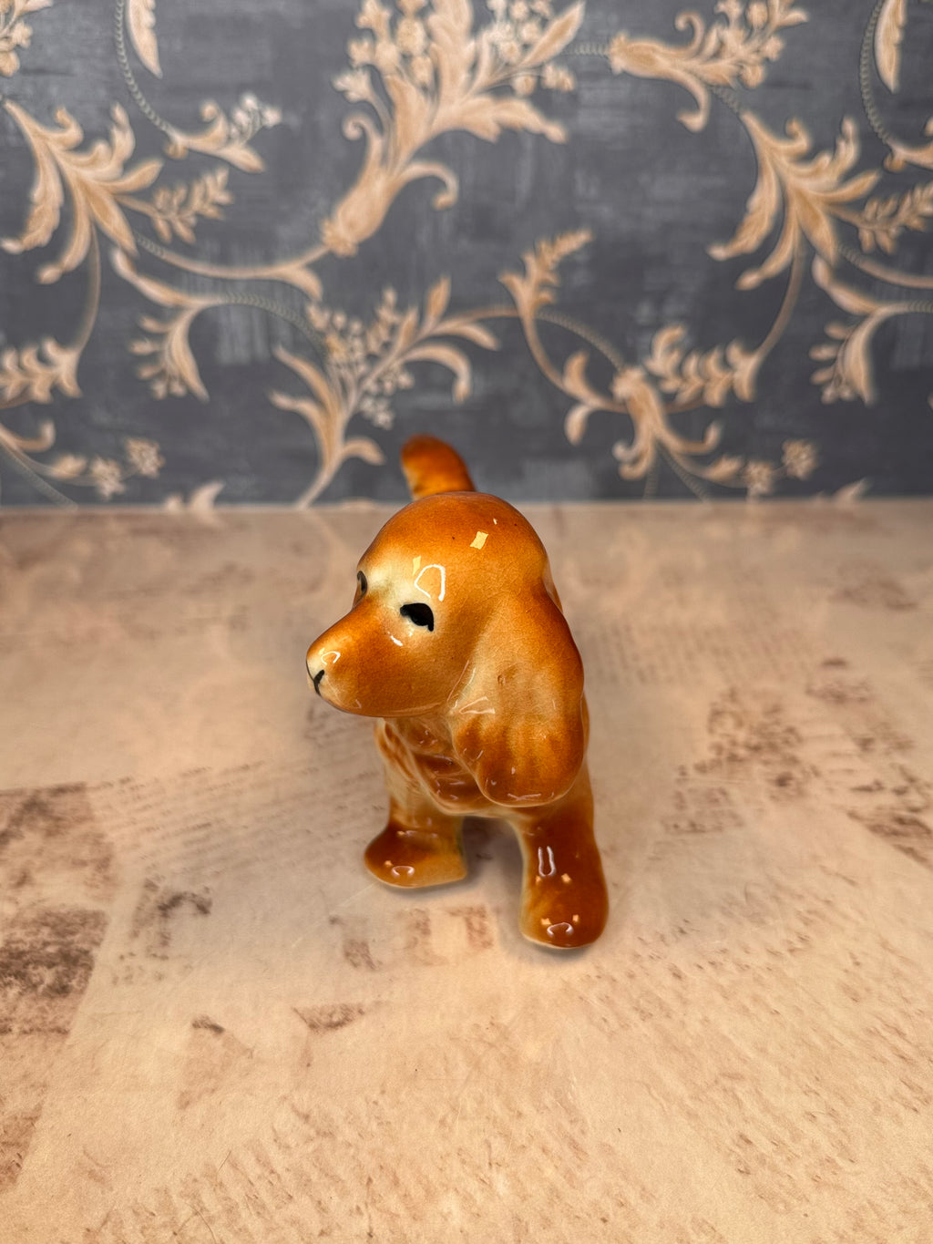 Vintage Porcelain Spaniel Figurine Orange & White Dog Statue