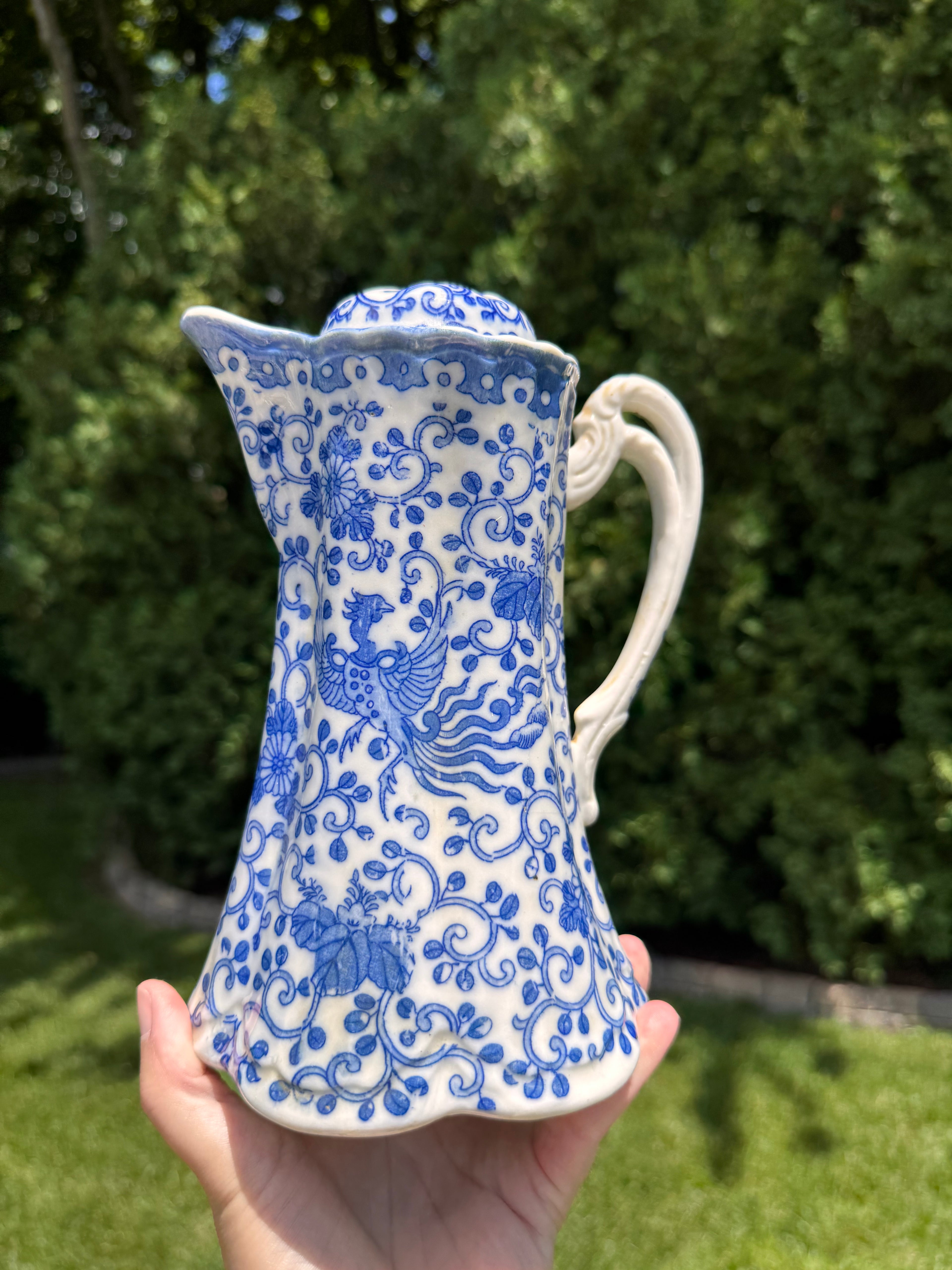 Mid-Century Blue & White Phoenix Bird Cocoa Pitcher