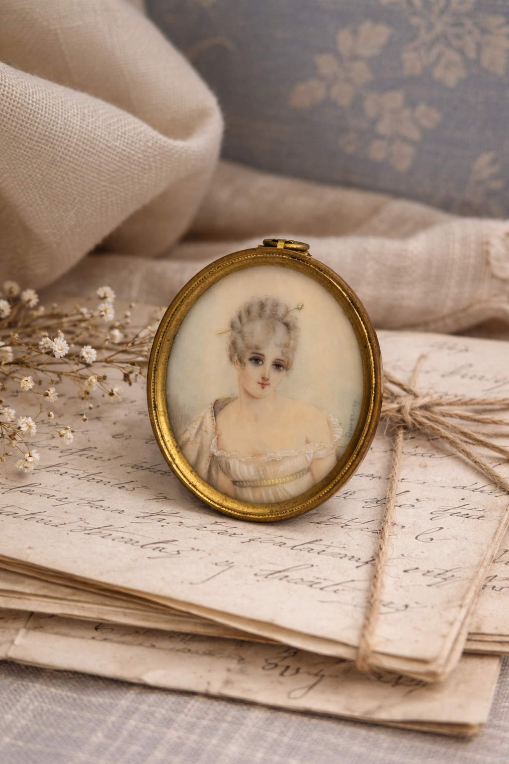 Antique French Portrait Miniature After Madame Récamier, Signed Duverney, Gilt Bronze Frame