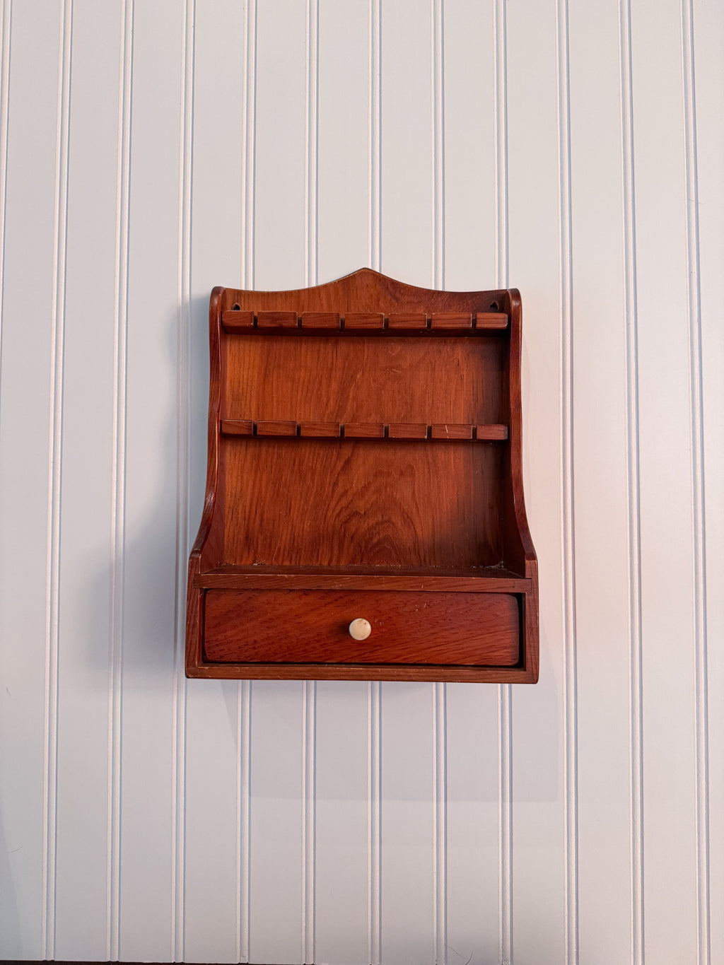 Vintage Wooden Spoon Rack with Drawer | Wall-Mounted Farmhouse Kitchen Shelf