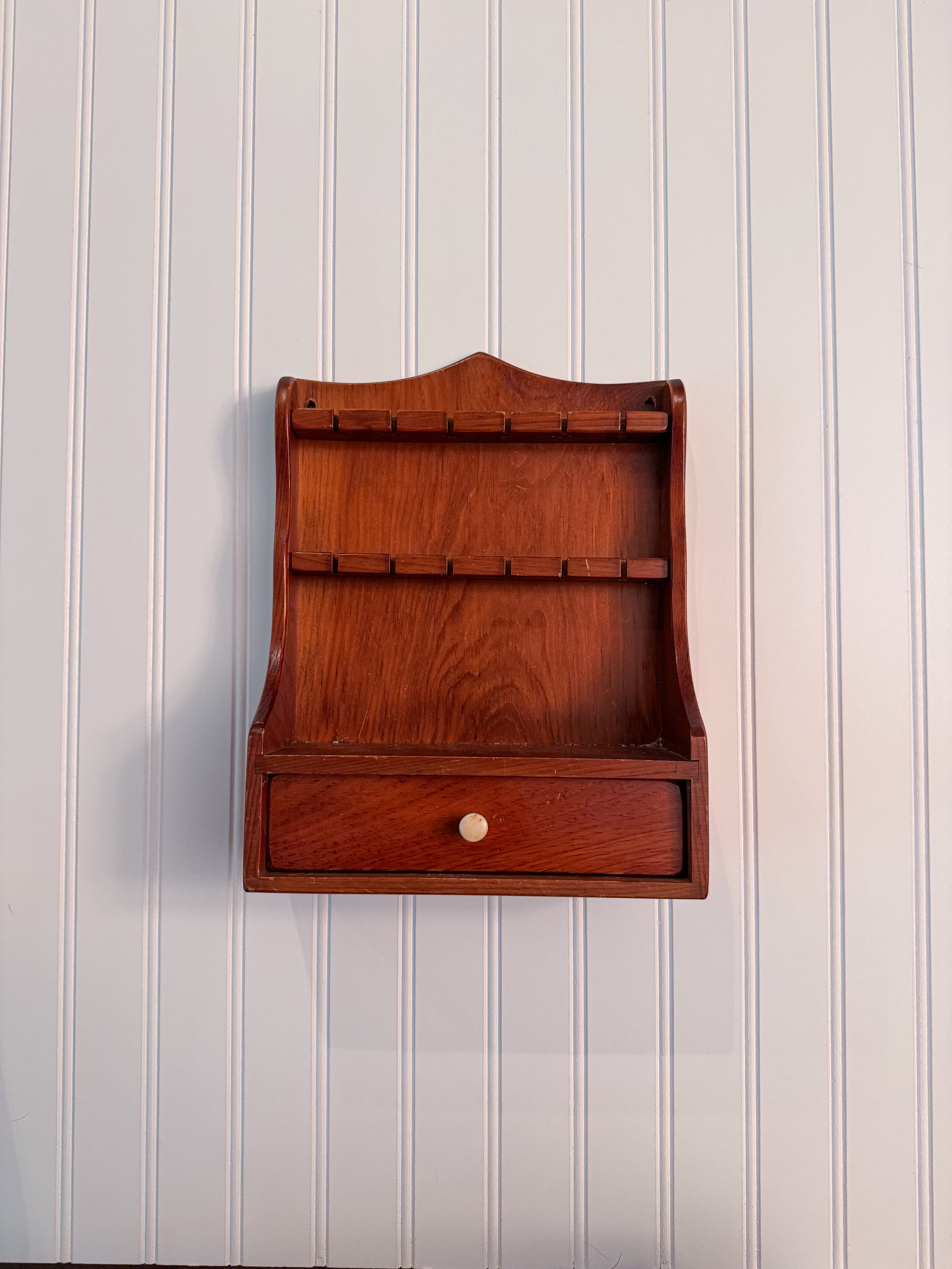 Vintage Wooden Spoon Rack with Drawer | Wall-Mounted Farmhouse Kitchen Shelf