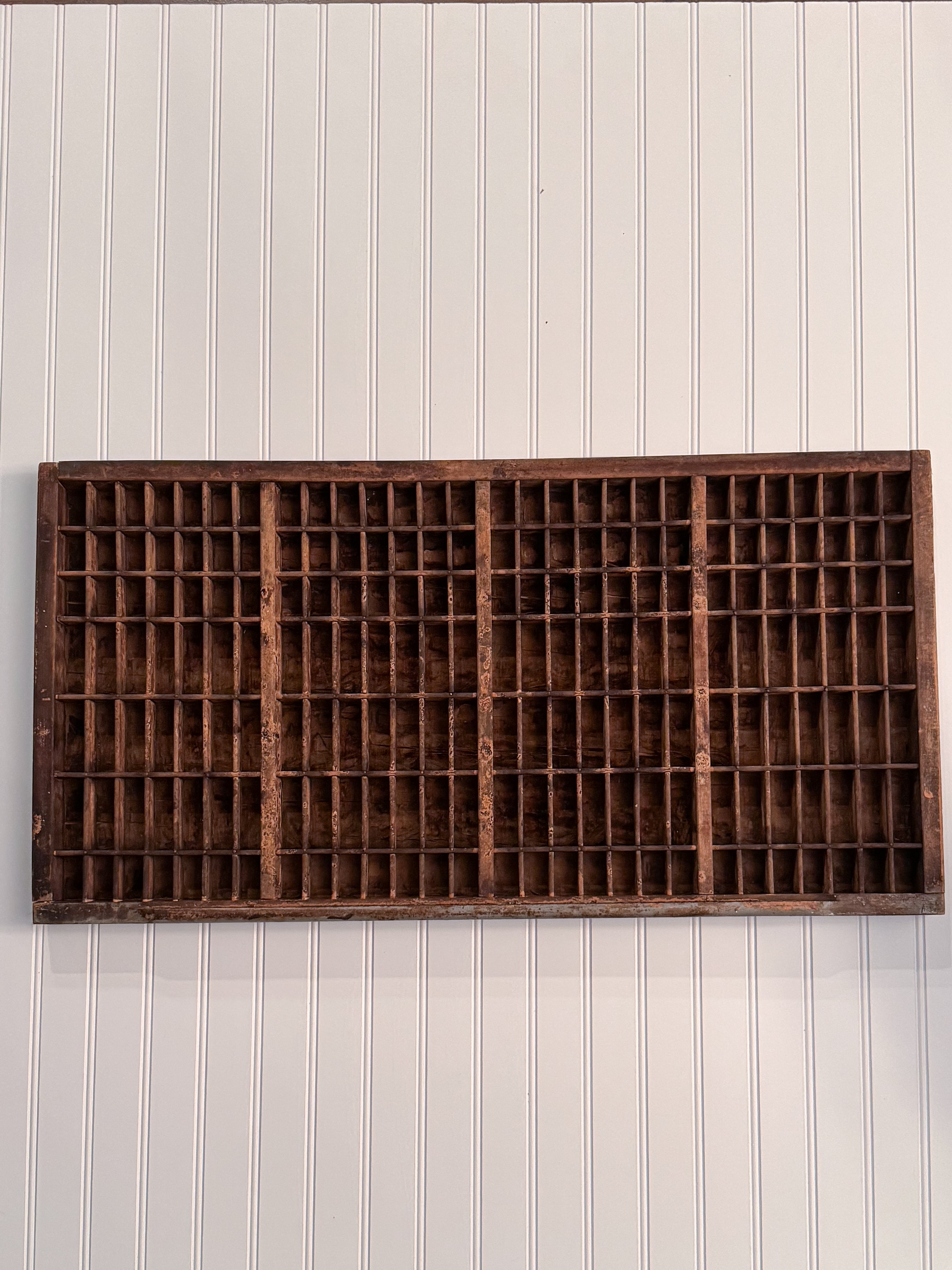 Antique Wooden Printer’s Tray with Original Gray Painted Surface | 17” x 32” Display Tray