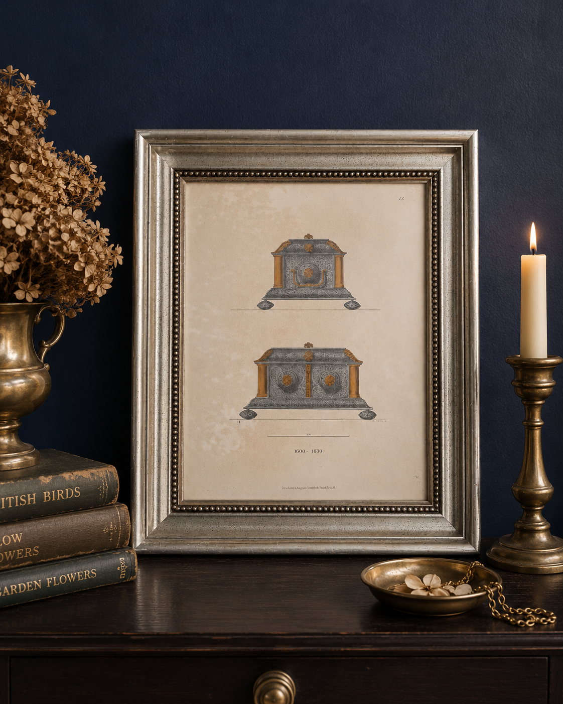 Antique German Architectural Engraving, 1600–1630 Tomb Design Study in Silver Frame, 13” x 16”