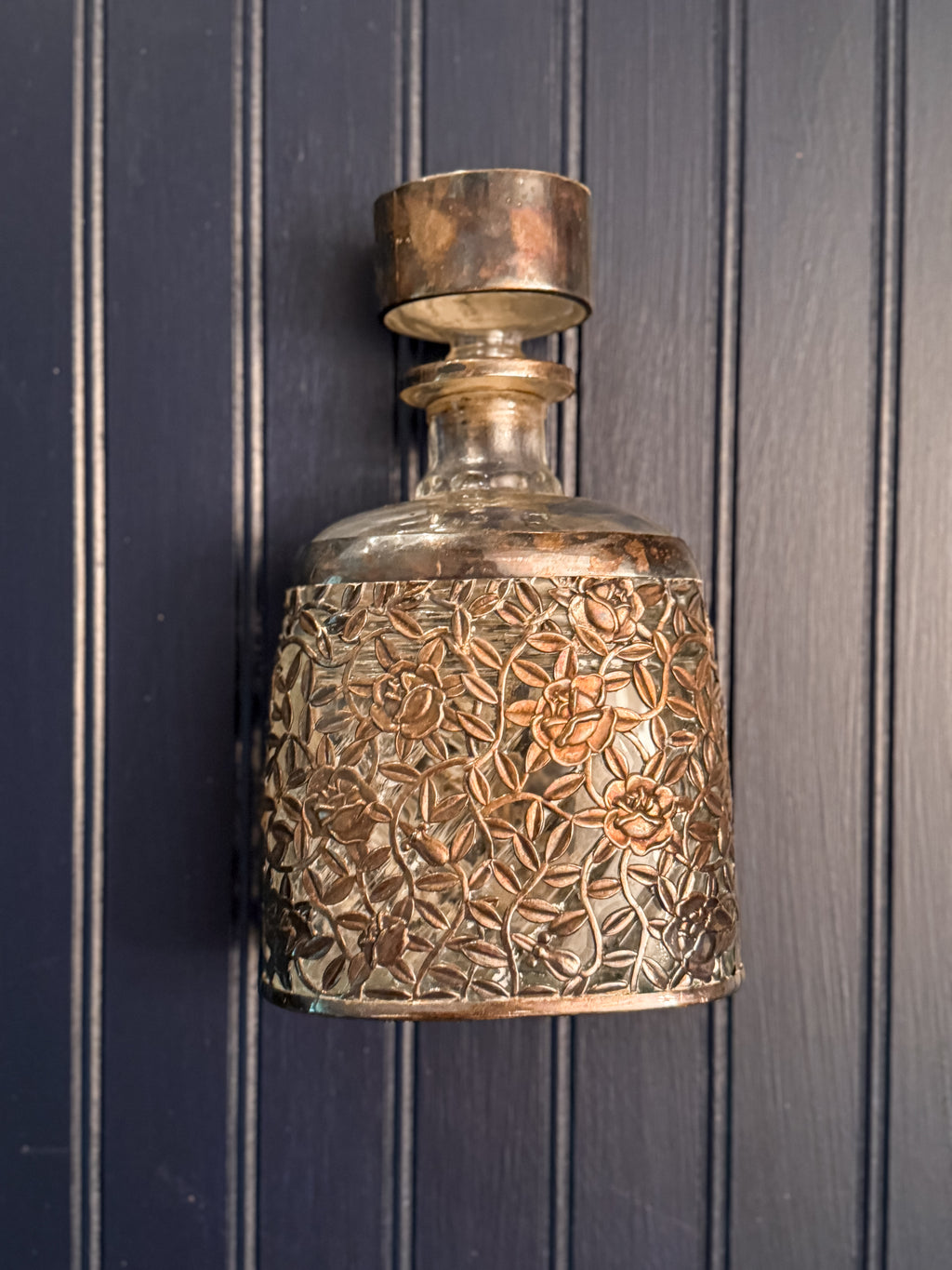 Vintage Art Nouveau Style Glass Decanter | Silver-Toned Floral Overlay | Ornate Barware