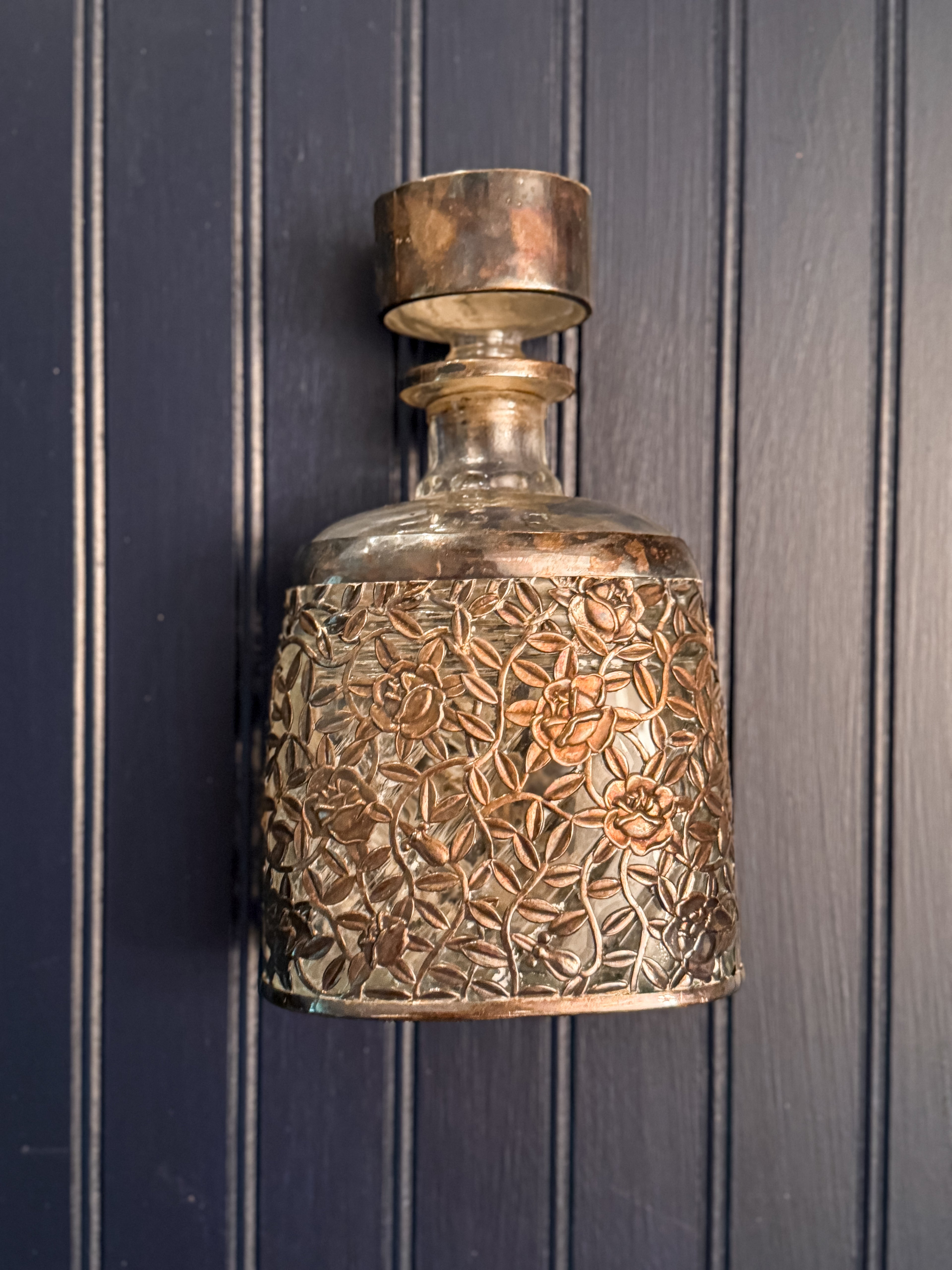 Vintage Art Nouveau Style Glass Decanter | Silver-Toned Floral Overlay | Ornate Barware