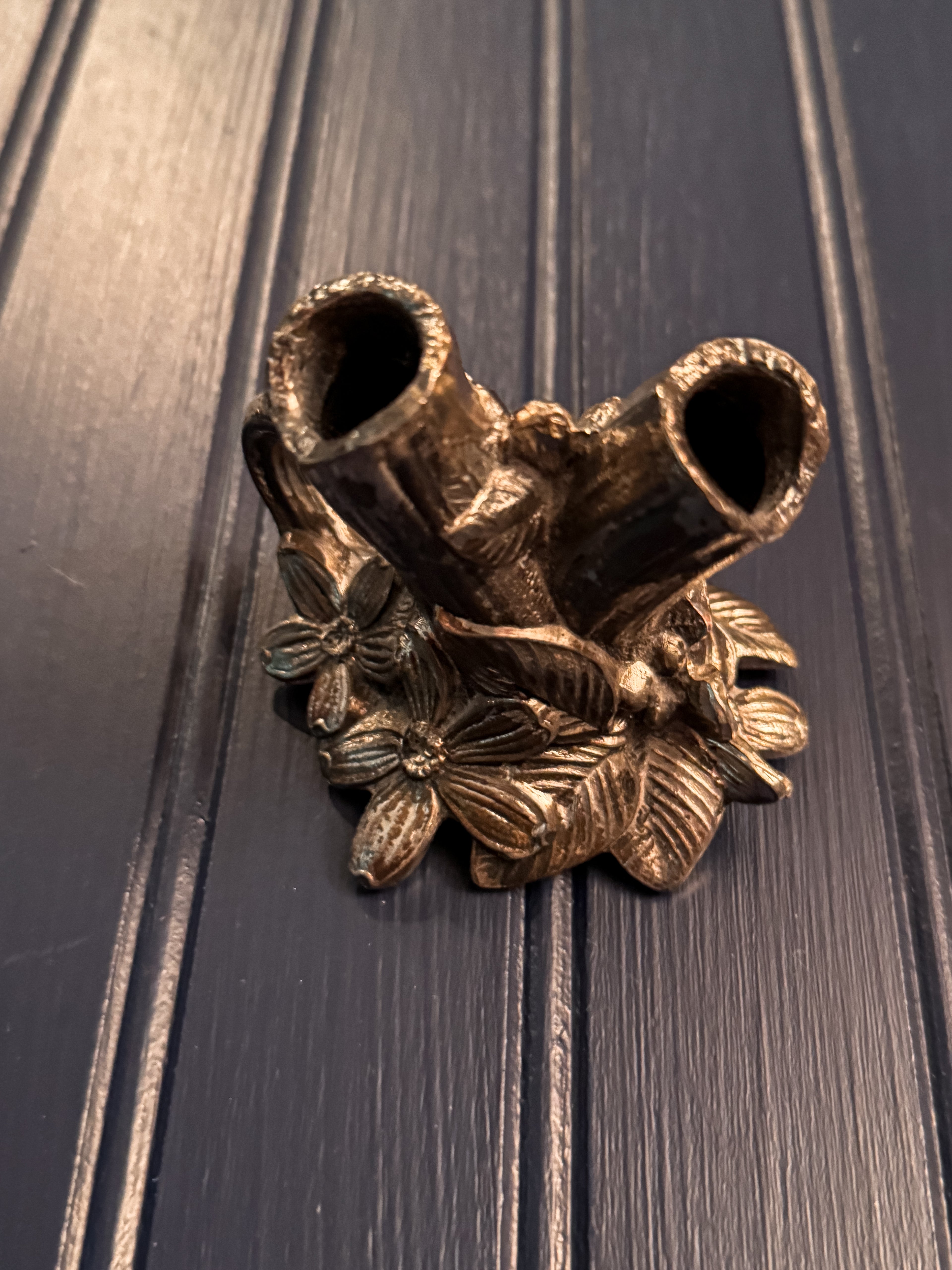 Vintage Cast Pewter Double Bud Vase | Faux-Bois Woodland Design | Miniature Floral Vase