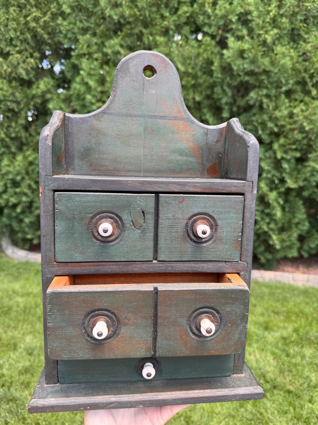 Vintage Primitive Green Wood 3-Drawer Wall Apothecary Chest with Original Porcelain Knobs