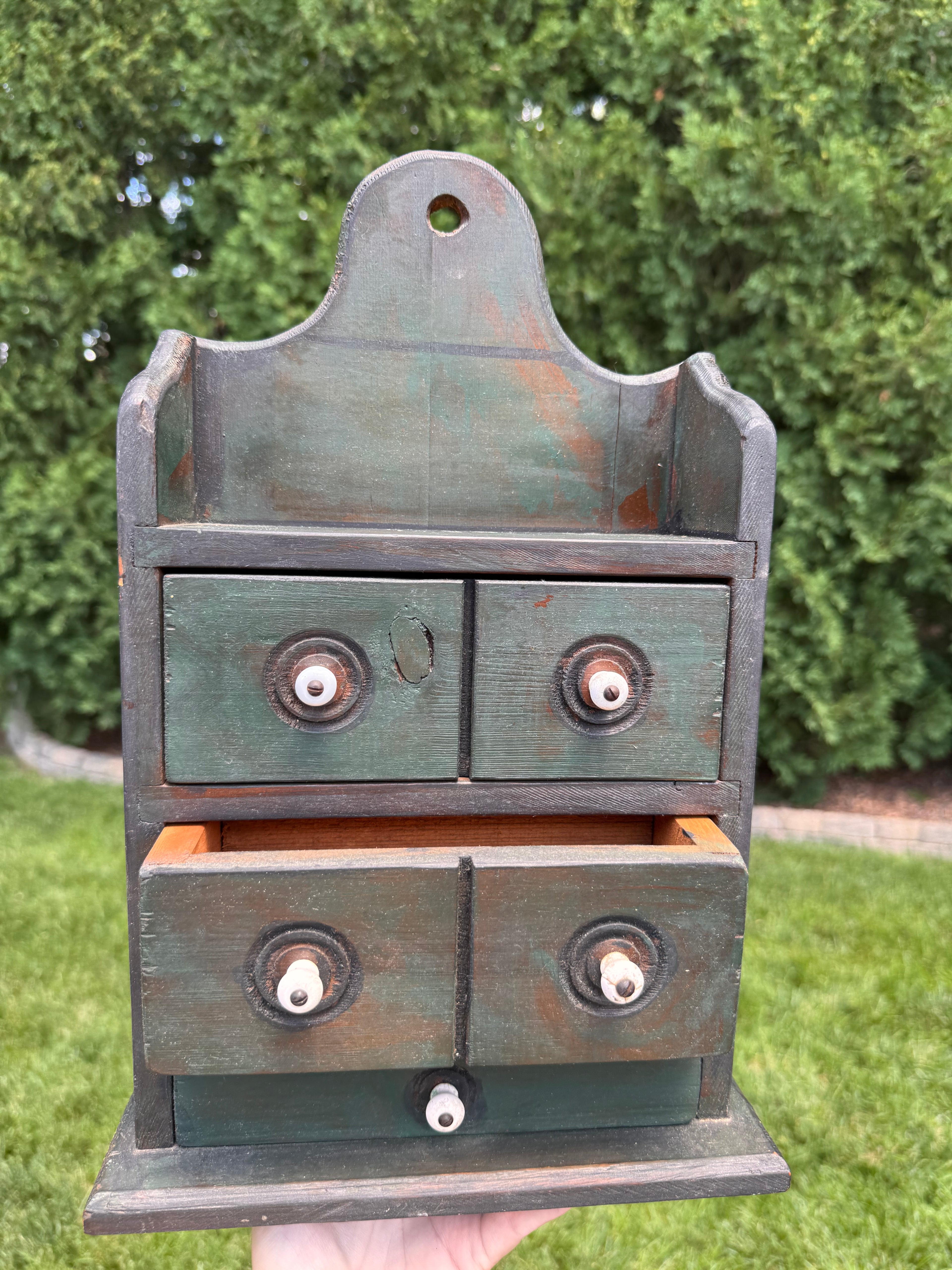 Vintage Primitive Green Wood 3-Drawer Wall Apothecary Chest with Original Porcelain Knobs