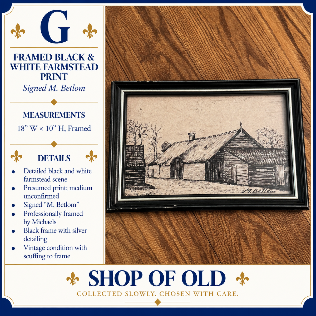 Framed Black & White Farmstead Print | Signed M. Betlom | Rustic Countryside Art