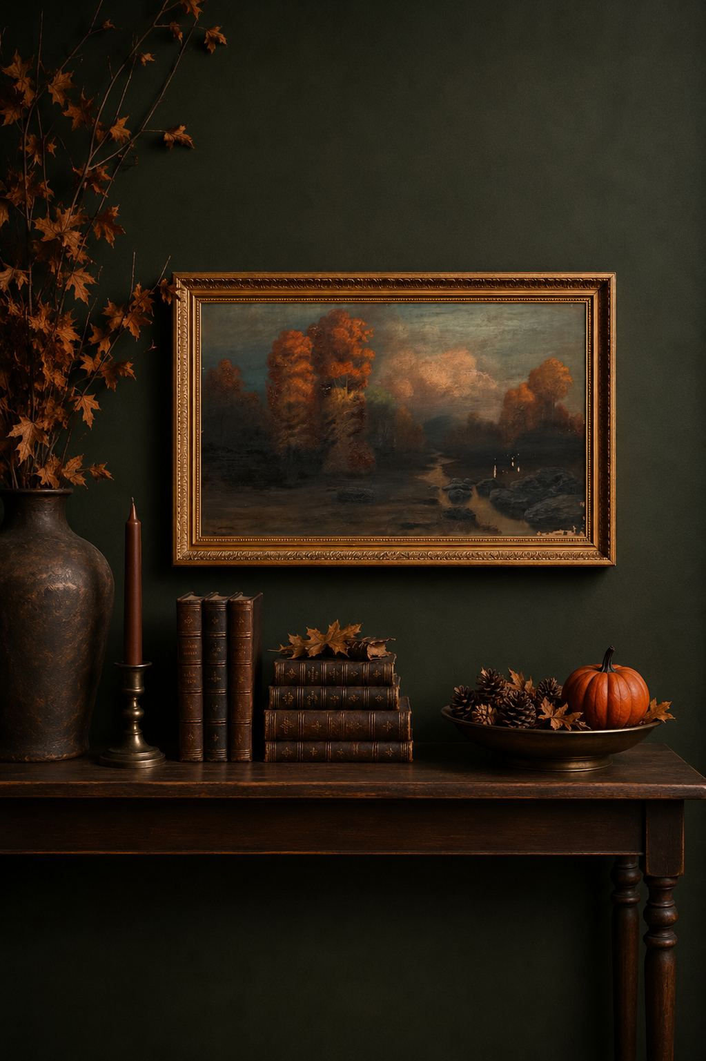 Signed Antique Tonalist Autumn River Landscape Oil Painting by R. Watkins | Original Gilt Frame