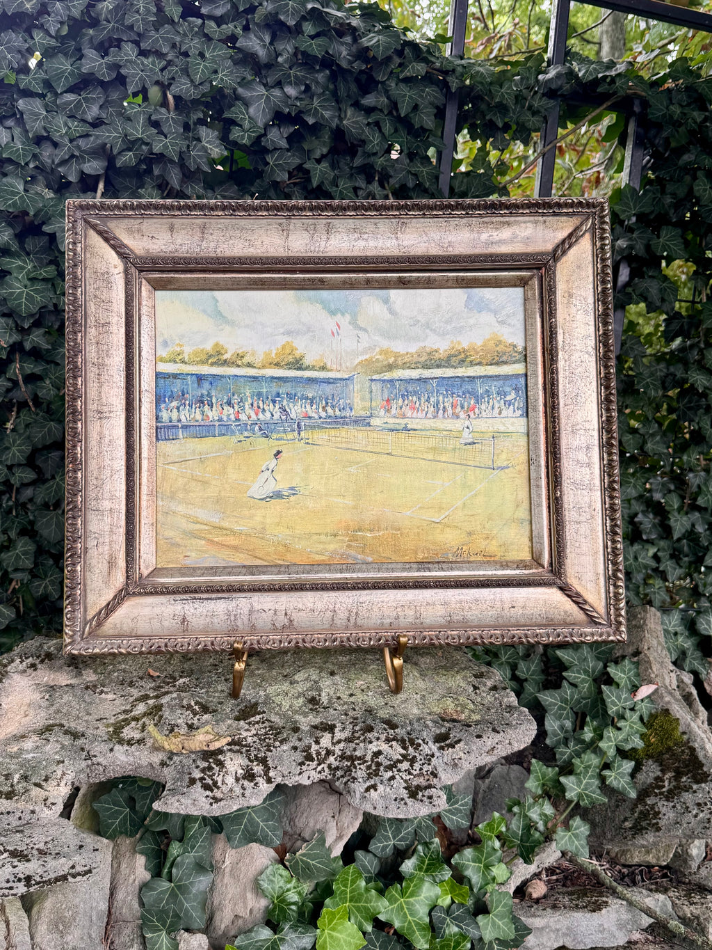 Original Signed Monique Sakellarios “Mikail” Tennis Oil on Canvas | Framed Edwardian Court Scene
